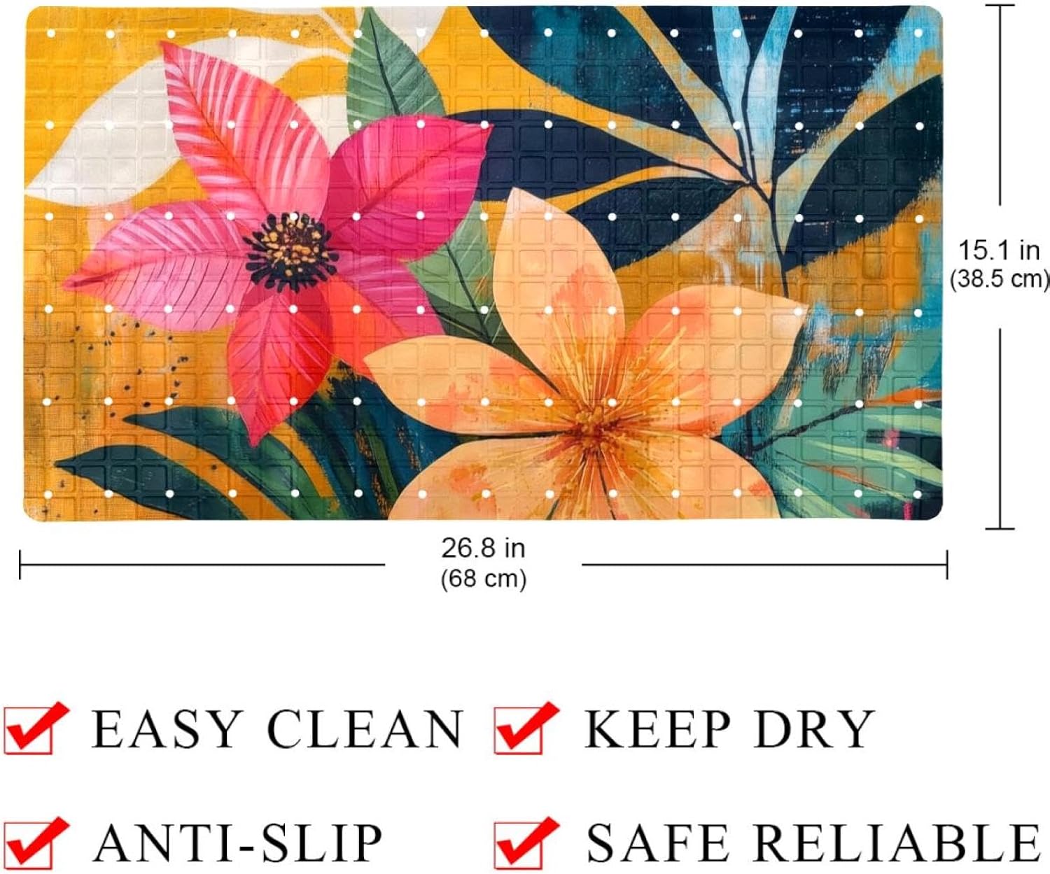Bathtub Mats for Shower Tub, Tropical Leaves Floral Abstract Colorful Flower Anti-Slip Bath Mats for Inside Tub, Bathroom Shower Mats with Drain Holes and Suction Cups