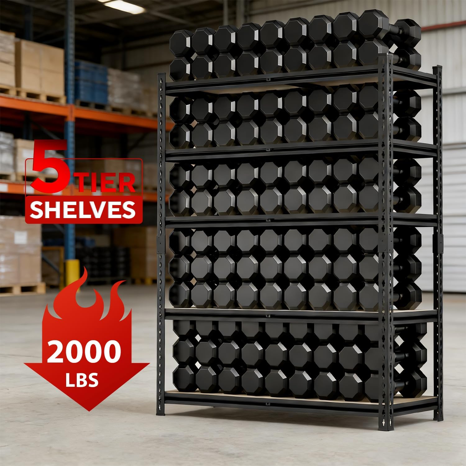 60" H x28 W x12 D: Father&I 5-Shelf-Storage-Rack Metal+Wood Garage/Kitchen Pantry Shelves Steel Utility Stand Shelving Unit Adjustable Heavy-Duty Shed Closet/Attic/Laundry Organizer, Black - Image 7