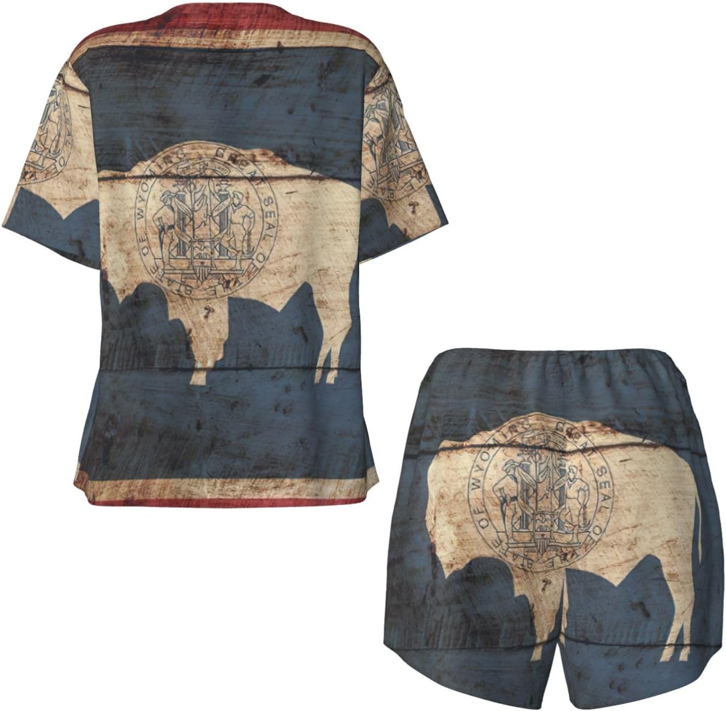 Women'S Wyoming State Flag Map Print Pajamas Set,Womens Pj Sets For Summer,Loungewear Sets With Cooling Fabric