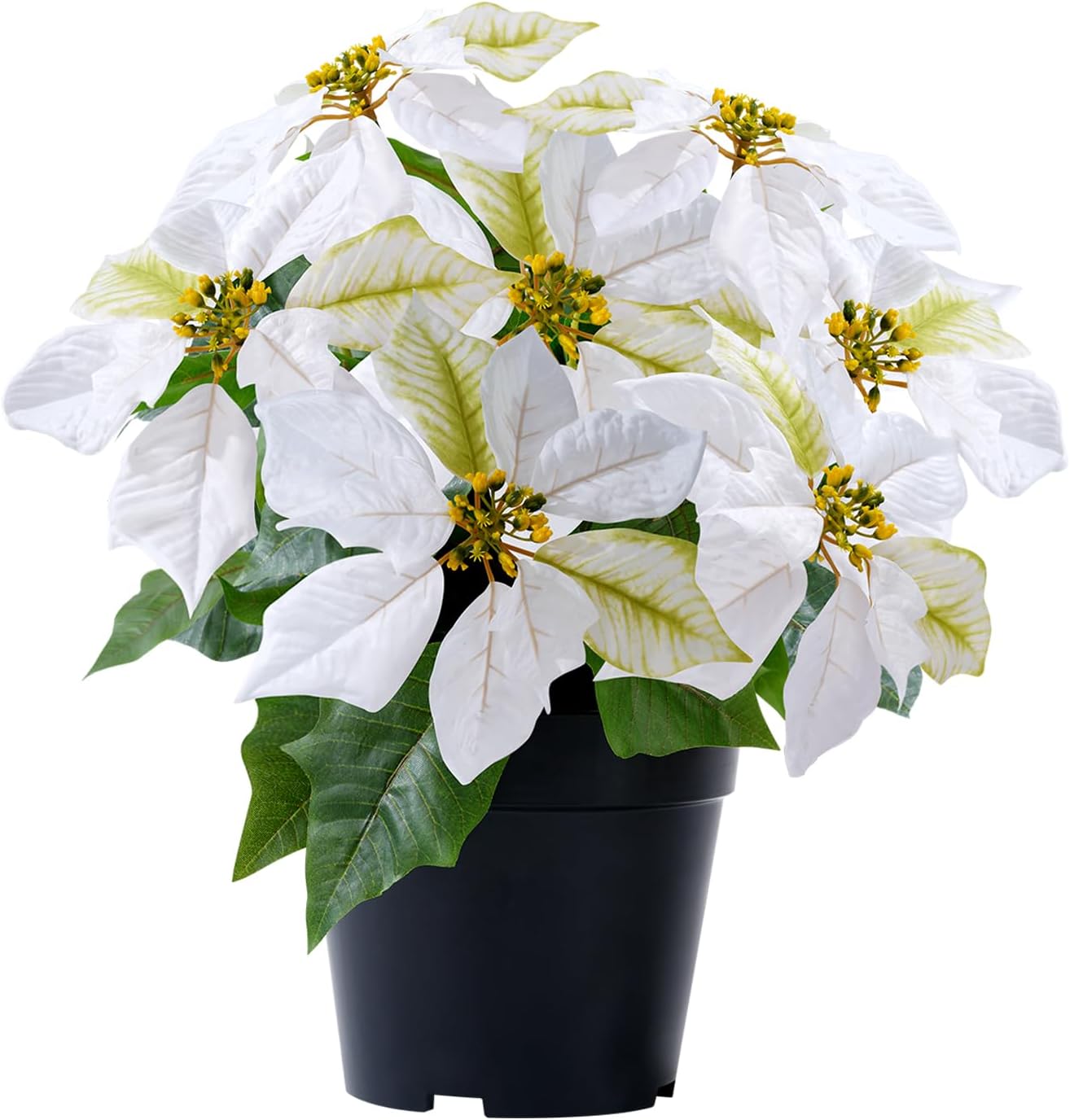 Poinsettia Plants Artificial 9 Heads 14 Inch Fake Poinsettias Christmas Flowers in Pot for Home Porch Office Indoor Outdoor Christmas Winter Decorations White 1PC White