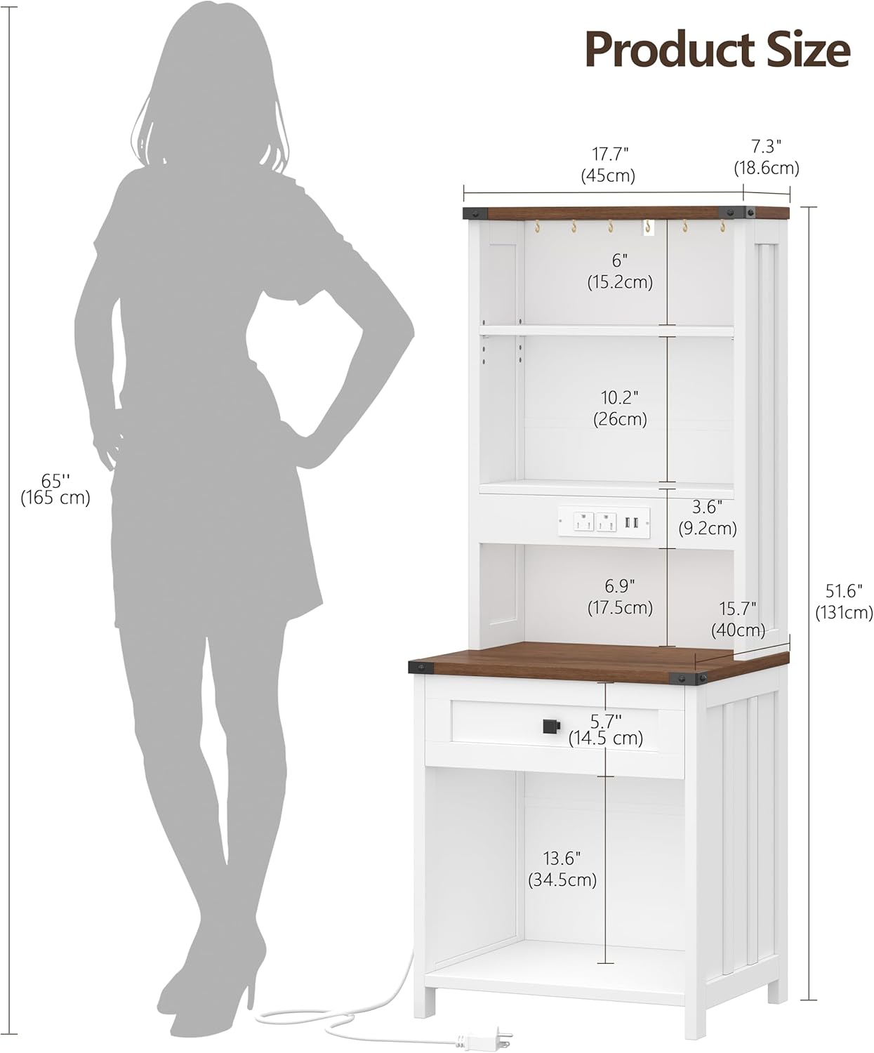 Farmhouse Tall Nightstand with Bookshelf and Charging Station, 15.7"D x 17.7"W Night Stand with Drawer&LED Lights, 5 Hooks Bedside Stand, Adjustable Shelf, End Table for Bedroom, Off White