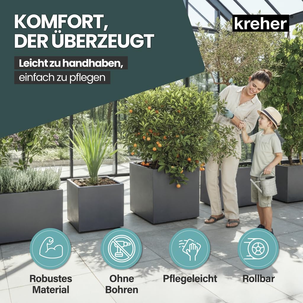 Kreher® XXL Sichtschutz Pflanzkasten hoch 93L - 98x38,5x62 cm - doppelwandig & rollbar, mit Entwässerungsstopfen - wetterfest - Naturstein Optik (3, Anthrazit)