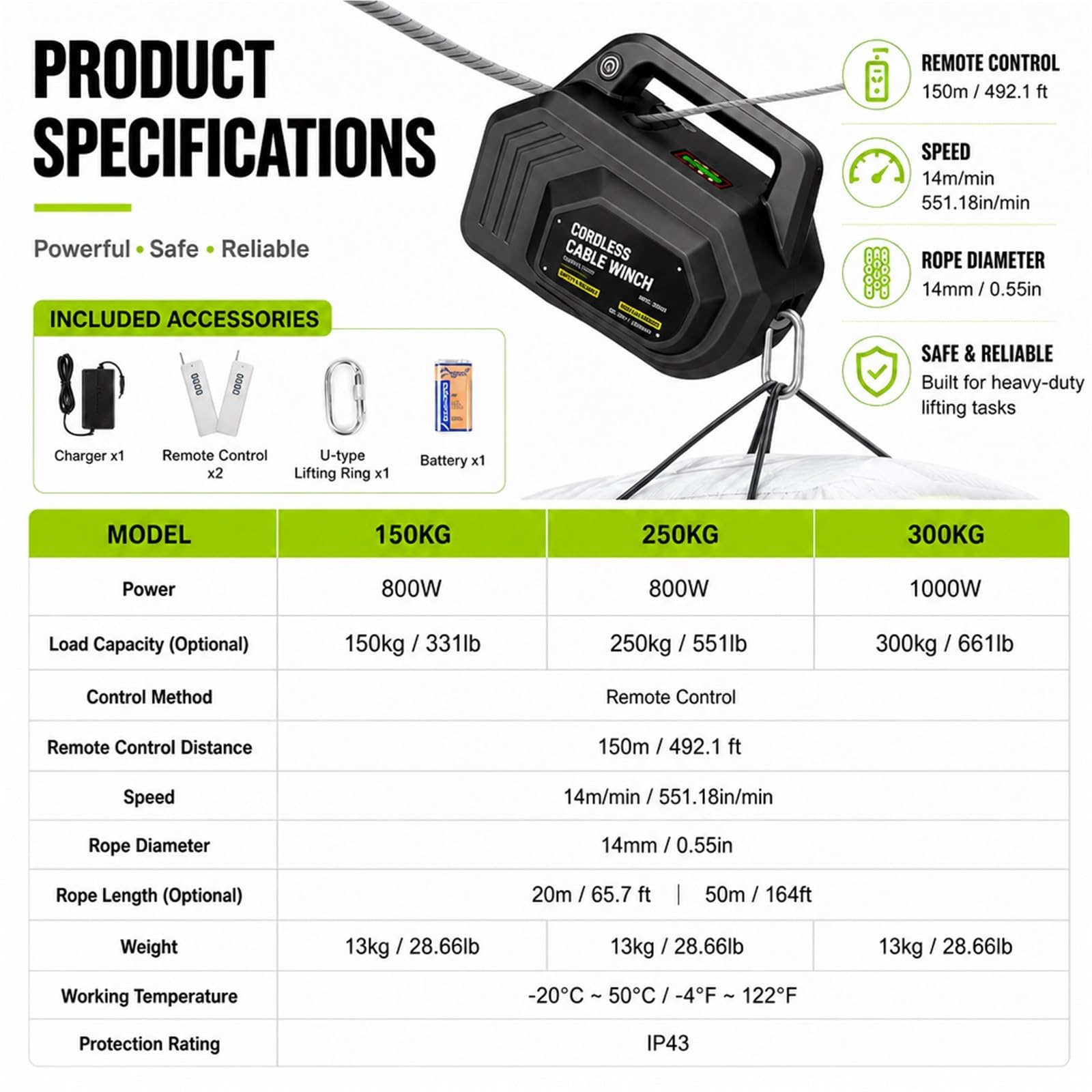 Verricello elettrico, Sollevatore batteria ricaricabile telecomando 14m/min