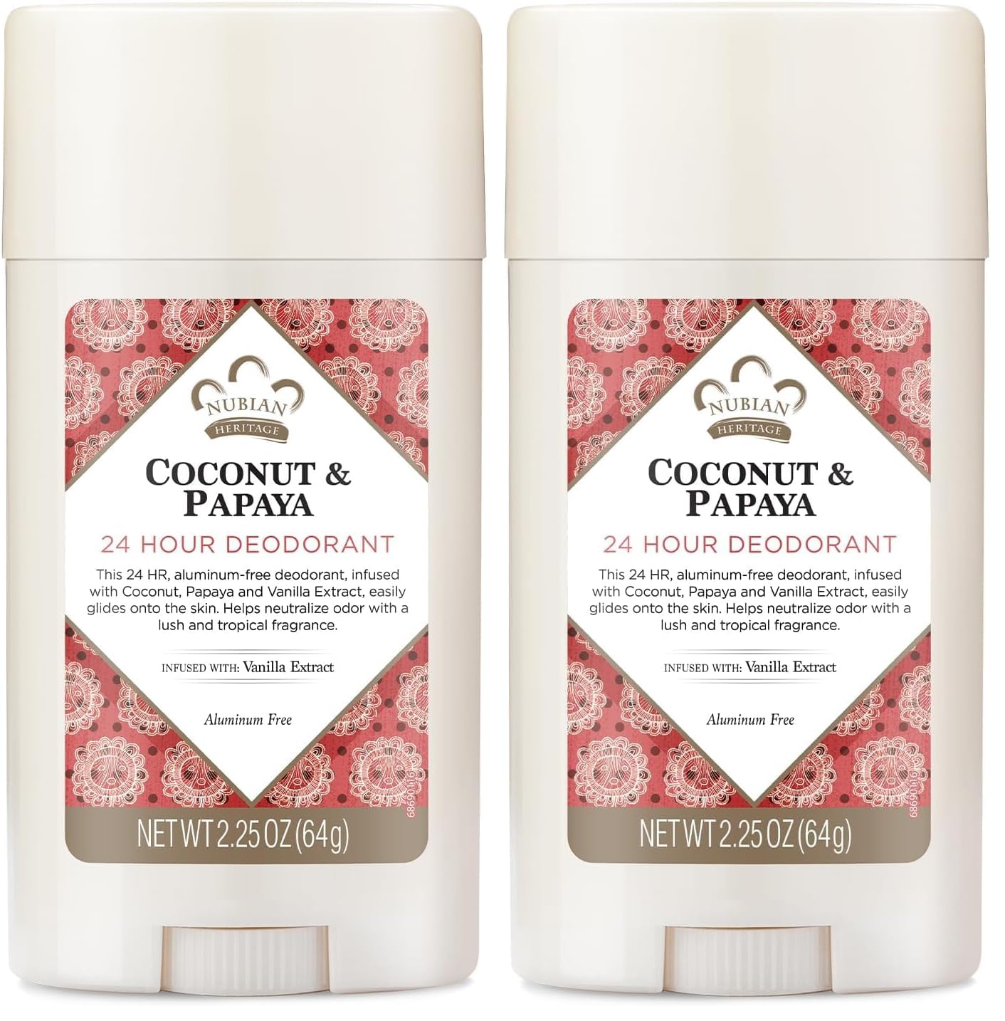 Nubian Heritage Aluminum-Free Deodorant, Coconut & Papaya – Natural Deodorant with Organic Shea Butter, Vanilla Oil, and Aloe Vera, 2.25 Oz (Pack of 2)