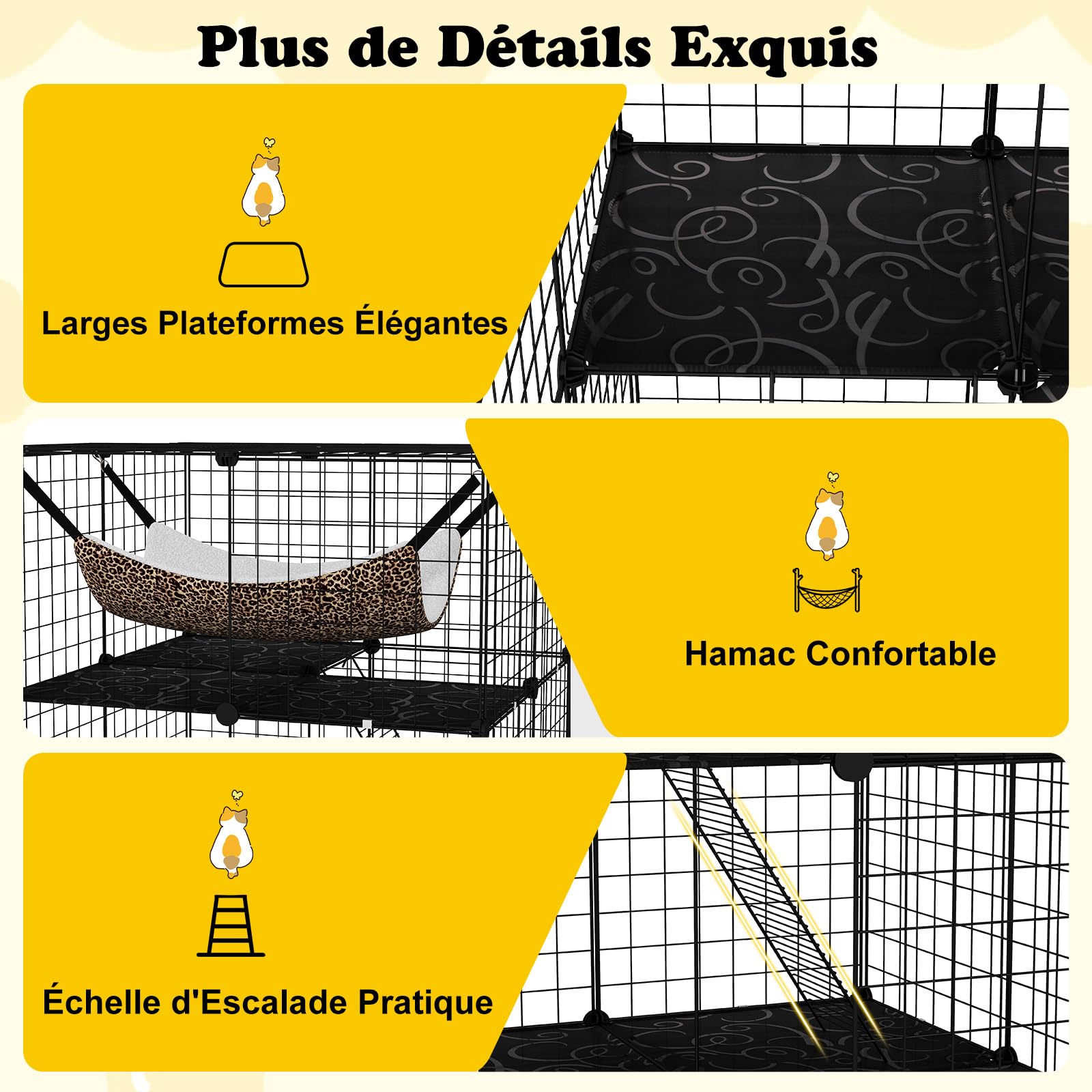 COSTWAY Grand Cage Chat à 3 Niveaux, Enclos pour Chats en Fil Métallique Amovible, Hamac, 2 Echelles, 3 Portes, 1 Fenêtre, Parc Interieur Exterieur pour Petit Animaux, 74 x 74 x 107 cm