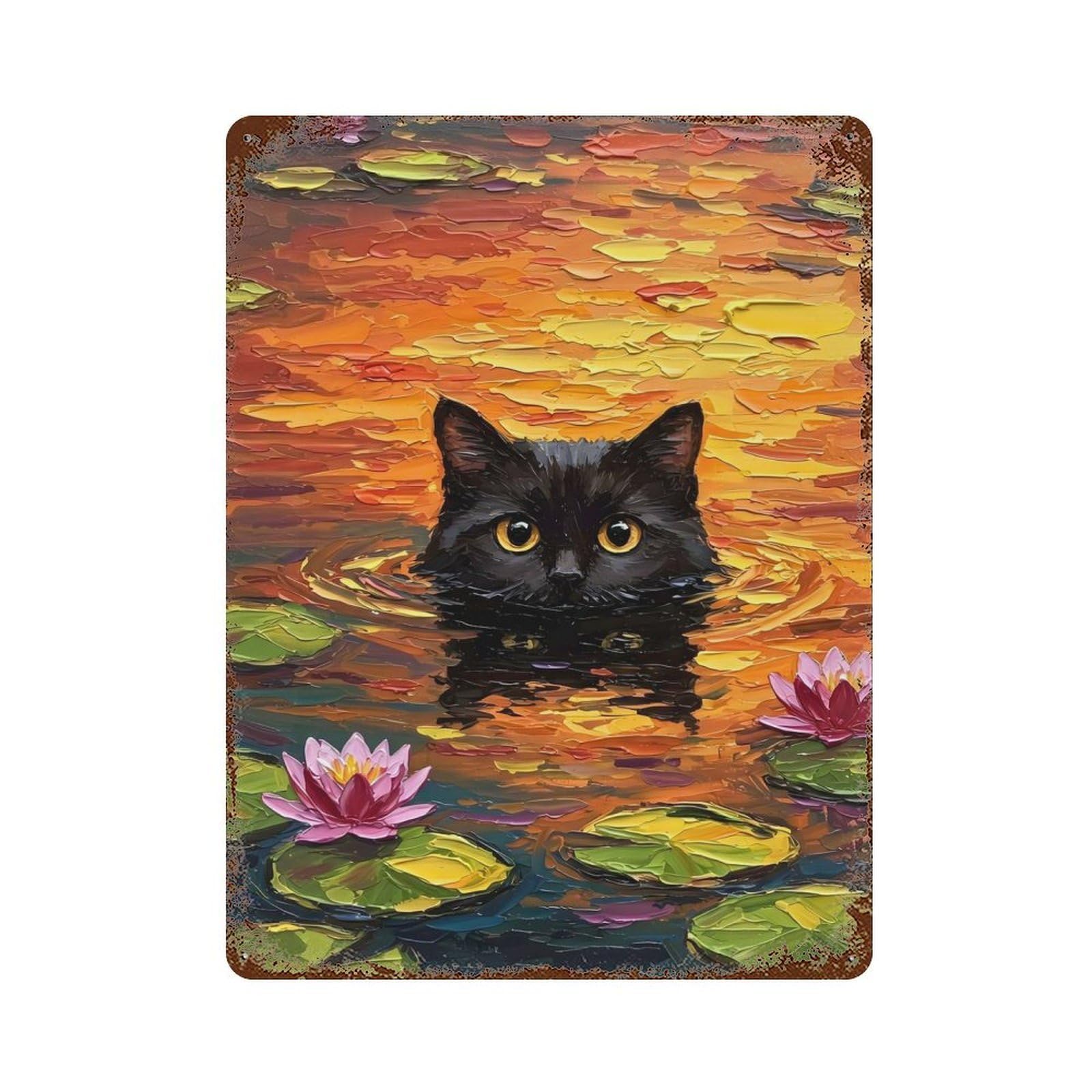 Black Cat in Water Lilies Distressed Metal Wall Sign 15.7"x11.8", Ideal for Garage, Bar And Workshop Decor