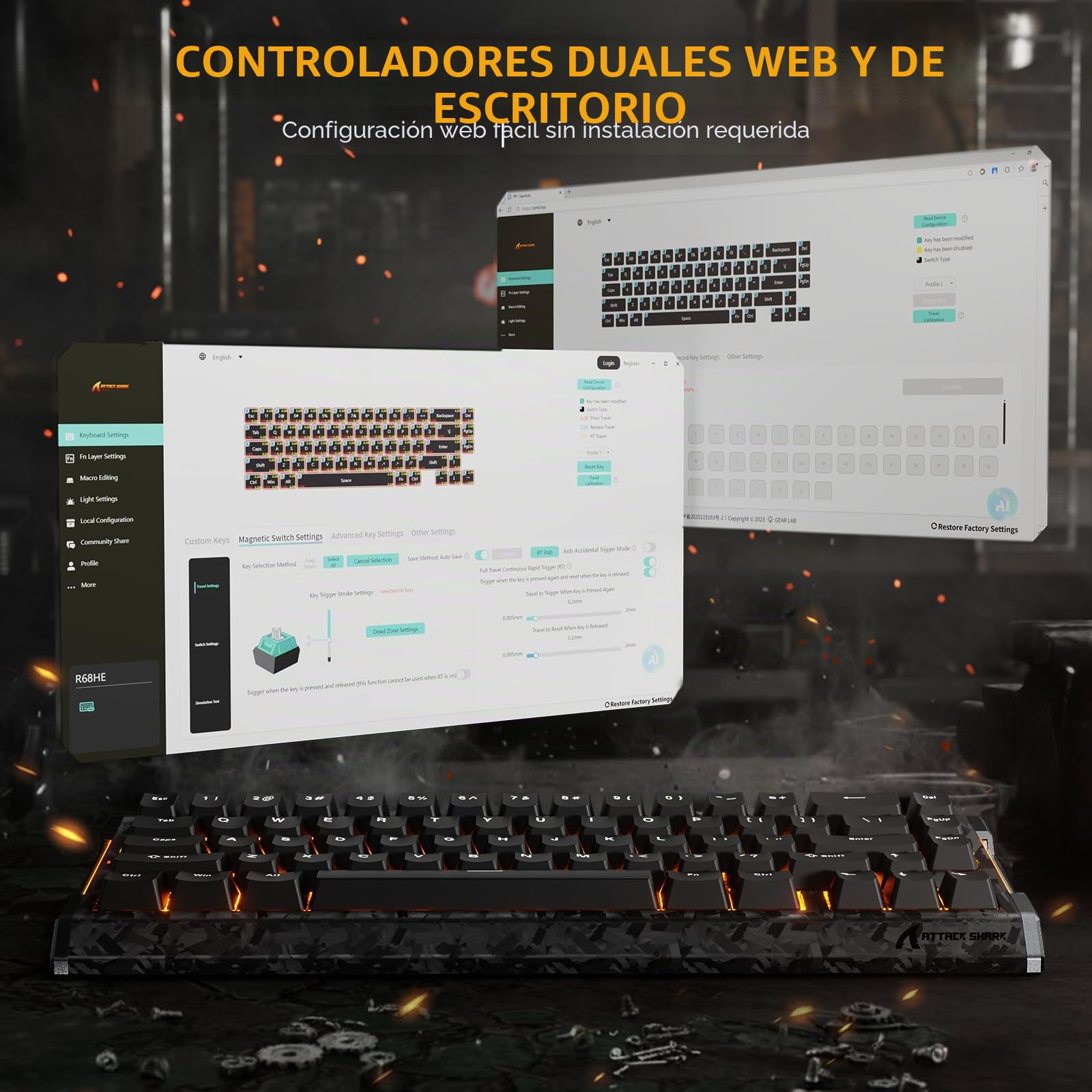 ATTACK SHARK R68 HE Teclado Gaming Magnético 8000Hz, Rapid Trigger 0,005 mm, Fibra de Carbono Forjada y Aluminio CNC, Snap Tap, Efecto Hall, 60% RGB con Cable, US QWERTY, Negro
