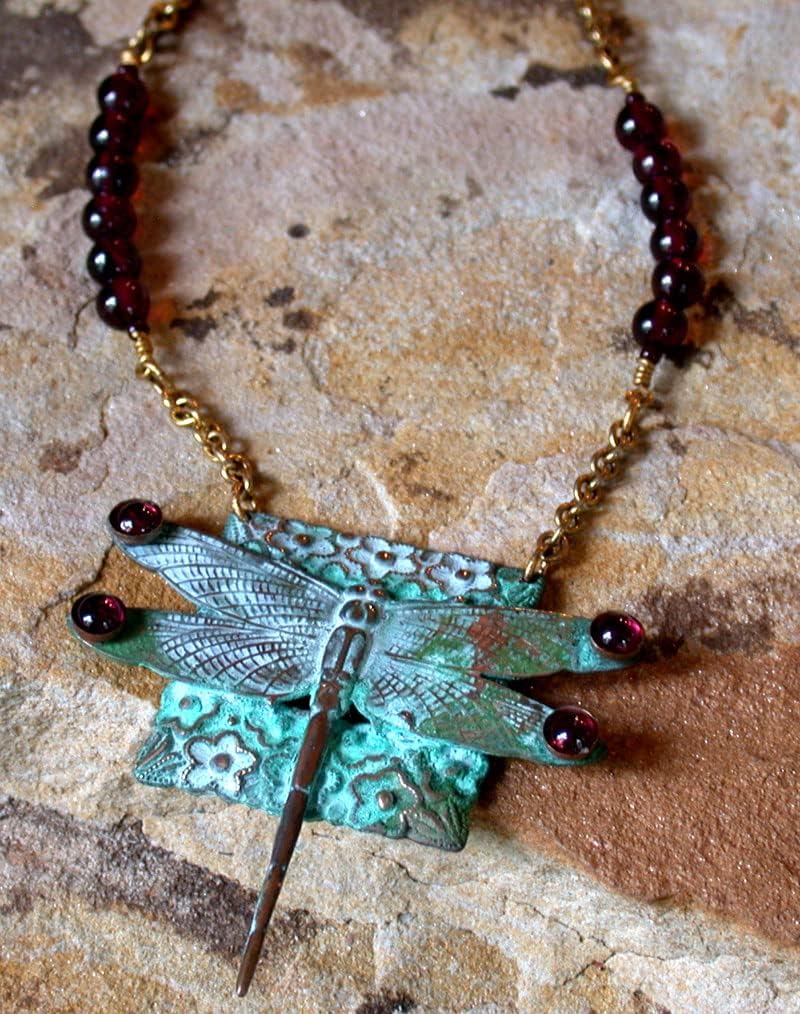 Elaine Coyne Collectible Artwear Verdigris Patina Dragonfly Necklace with Garnet - USA Made - Image 2