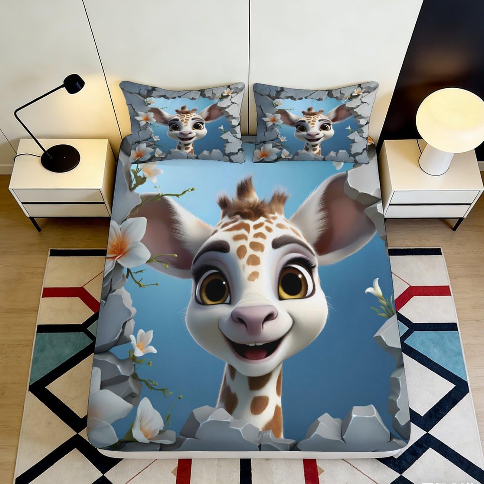 3D Printed Cartoon Giraffe Fitted Sheet Microfiber Soft Breathable Animal Flower Mattress Cover for Bedroom Dorm Decor 160x200x25cm