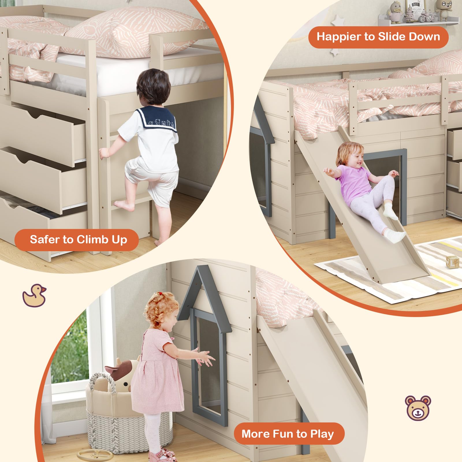 Giantex Twin Low Loft Bed with Slide, Solid Wood Twin Loft Bed with Ladder, 3 Storage Drawers and Bottom Game Space, Kids Bed Frame for Girls Boys, No Box Spring Needed, Sage