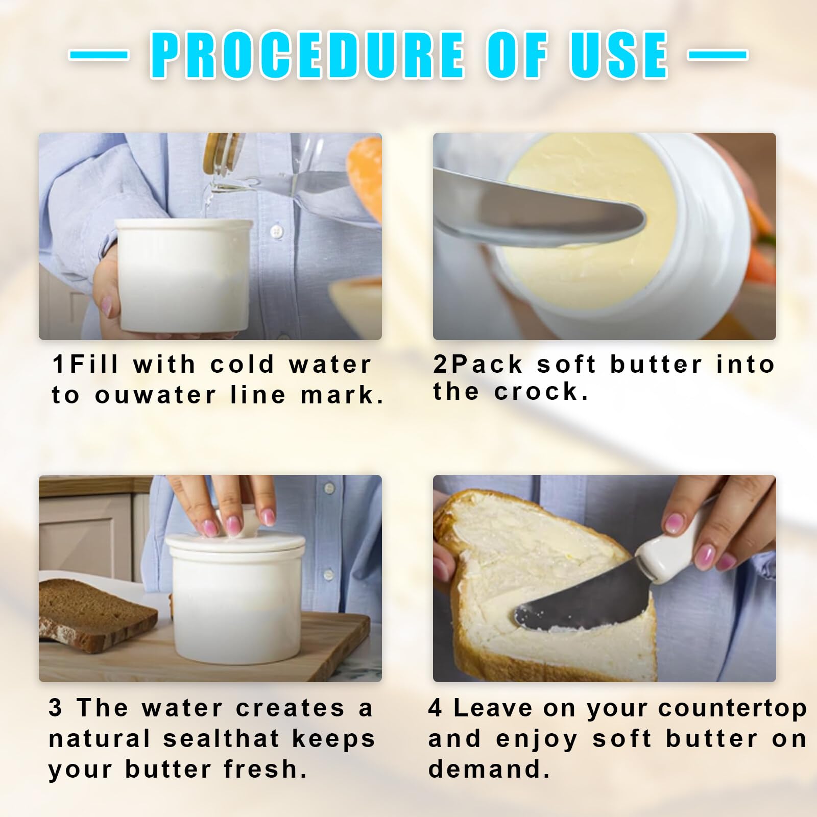 Französische Butterdose, Keramik Butterdose mit Rund Deckel, Butterdose Wassergekühlt mit Wasserlinie, Butter Glocke, Keramische Butterglocke für Streichfähige Butter Weiß
