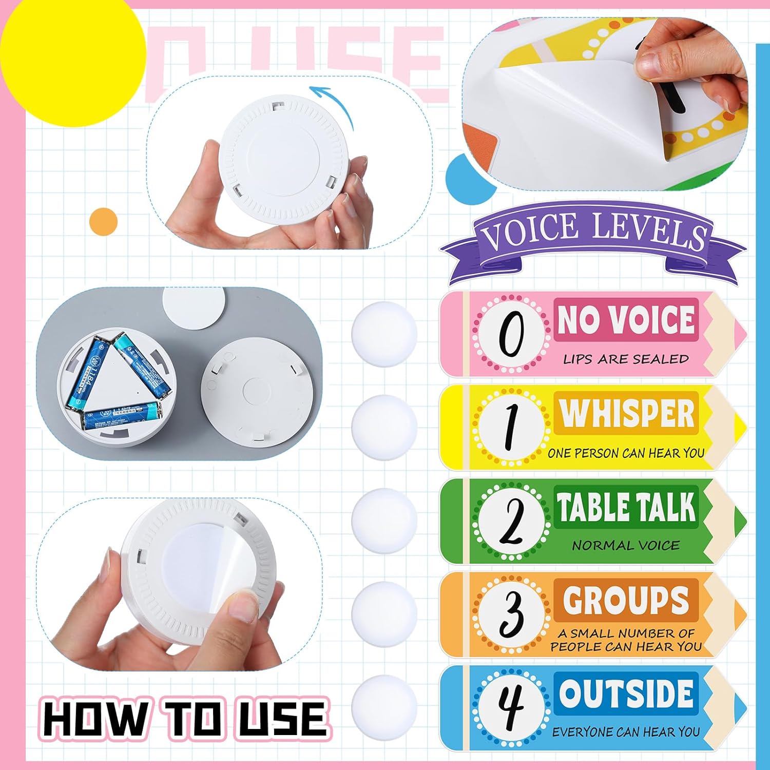 Glooglitter 5 Pcs School Push Light and Voice Level Poster Sticker LED Tap Light Battery Operated Voice Chart Button Lights Noise Level Monitor Rules Sign for Classroom Teachers(Volume Pencils)