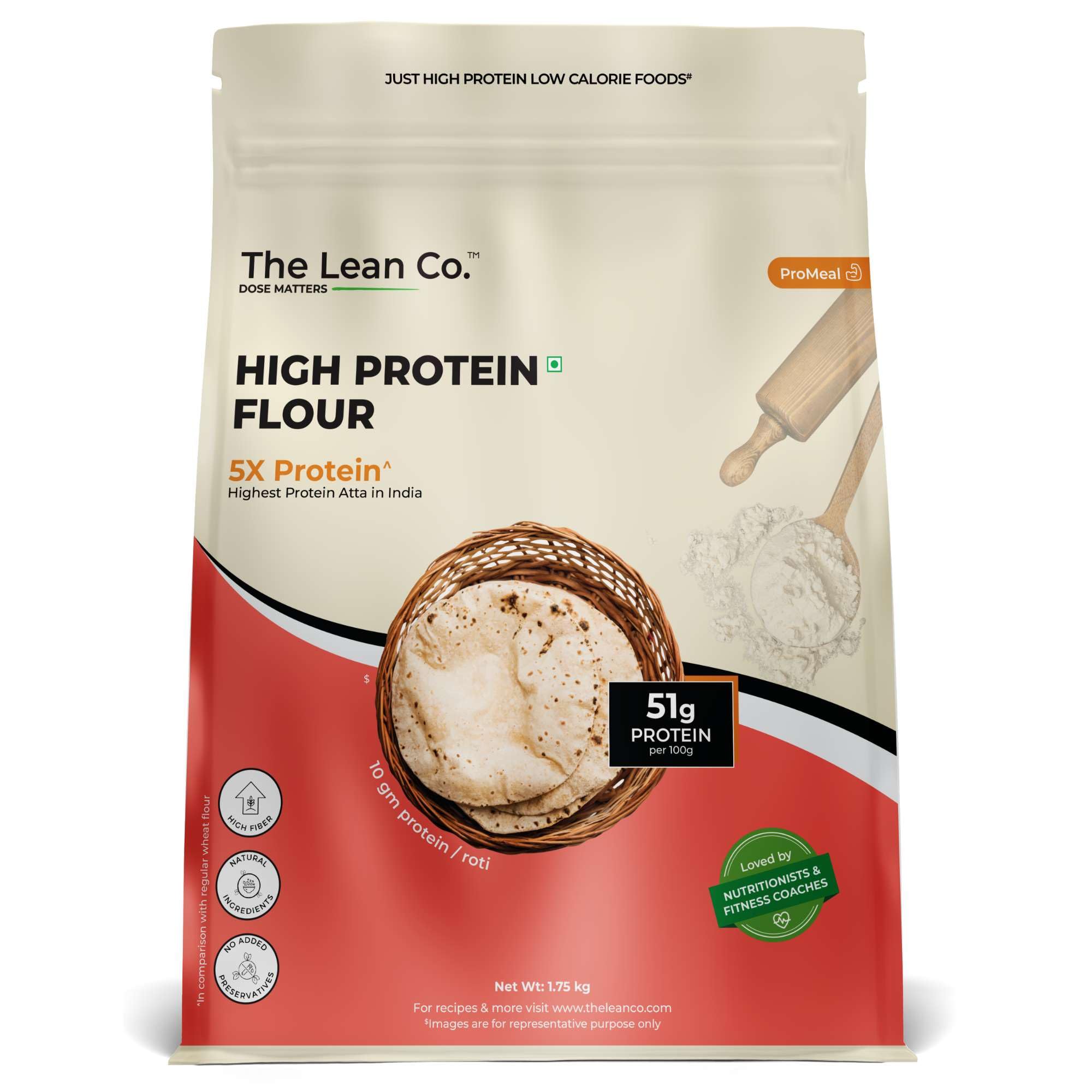 The Lean Co. High Protein Flour 1.75 kg | 5g Net Carb, 10g Protein (51%), 0g Fat Per Roti | Sugar Control Diabetic Friendly | Lab Tested | No Additives | No Preservatives | Rich in Micro Nutrients