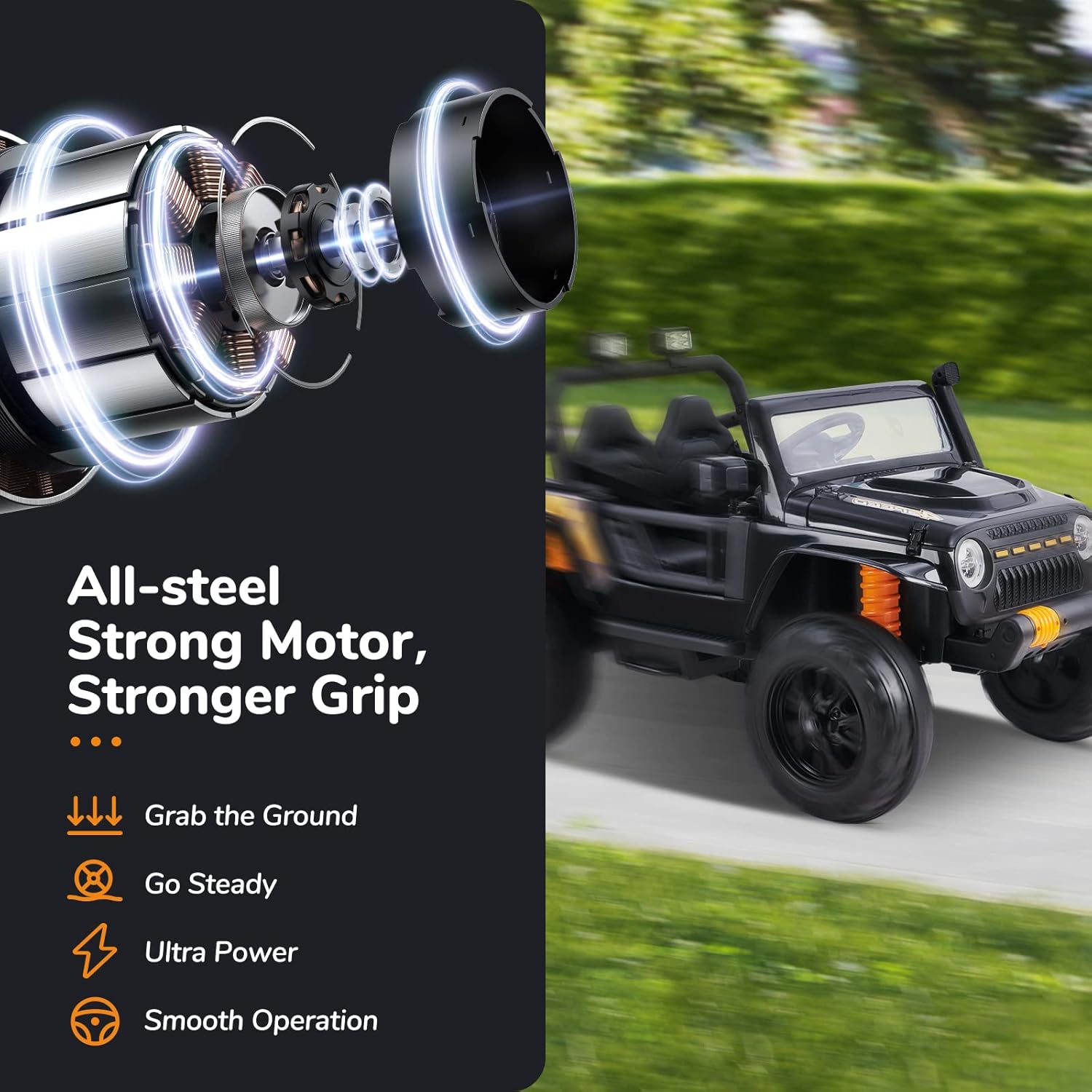 Diagram illustrating the all-steel strong motor with benefits like stronger grip, steady driving, ultra power, and smooth operation.