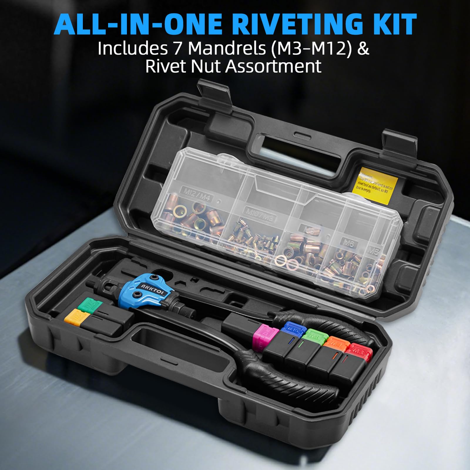 AKKTOL Pince à Insert Fileté avec Boîte de Rangement et Coffret Robuste – 7 Mandrins (M3 à M12), 80 Écrous à Sertir – Pour Réparation Auto & Métal