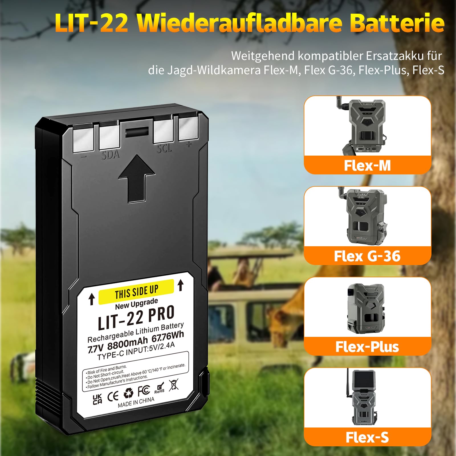 2-Pack 8800 mAh 7,7 V Upgrade LIT-22 Akku Wiederaufladbarer Lithium-Akku für Spypoint Wildkamera, kompatibel mit Flex-M, F lex-S, Flex-G36, Flex-Plus Mobilfunk-Wildkameras with Type-C Charging Cable