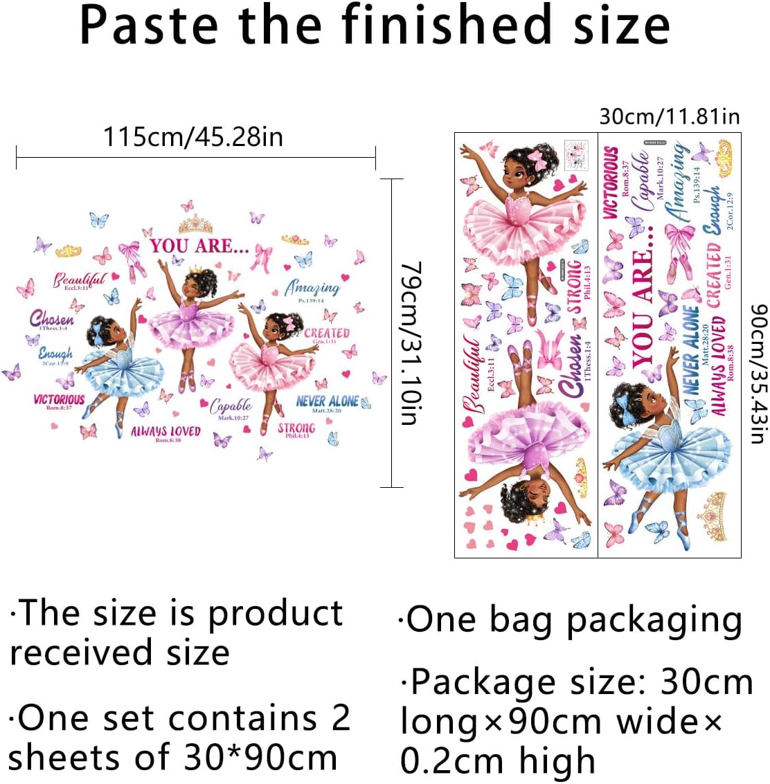 Black Girl Wall Decor Ballerina Stickers Butterflies Princess Wall Decals Inspirational Quotes African American Wall Stickers for Girls Bedroom Nursery