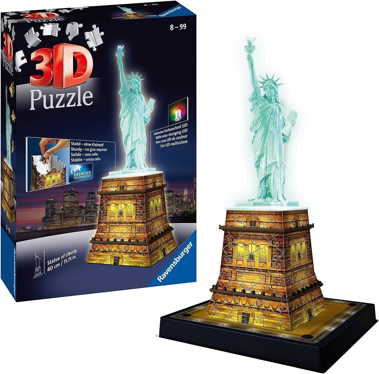 Ravensburger 3D Puzzle 12596 - Freiheitsstatue Night Edition - die weltbekannte Statue of Liberty als LED beleuchtetes Modell für zuhause - Sockel als 3D Puzzle - für Erwachsene und Kinder ab 8 Jahren