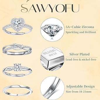 Sterling Silver Adjustable Rings For Women 4PCS Cubic Zirconia Heart Love Ladies Engagement Wedding Thumb Statement Promise Stacking Ring Jewellery Set