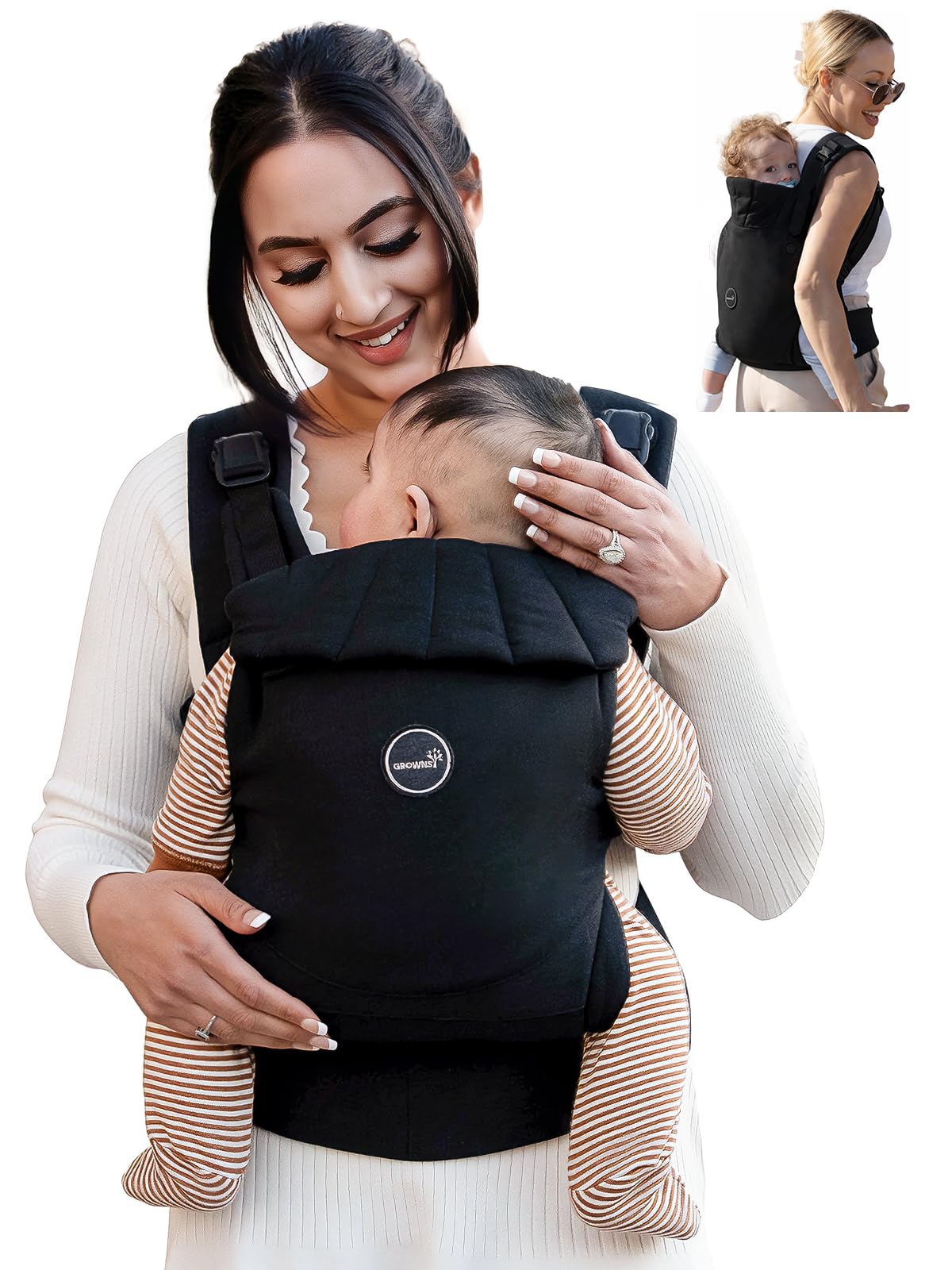 Grownsy Babytrage, Ein-Klick-Schnalle für Einfaches Anlegen, Bequemer Träger von Neugeborenem bis Kleinkind mit Kopfstütze (3-20kg), Ergonomisch & Leicht (Schwarz)
