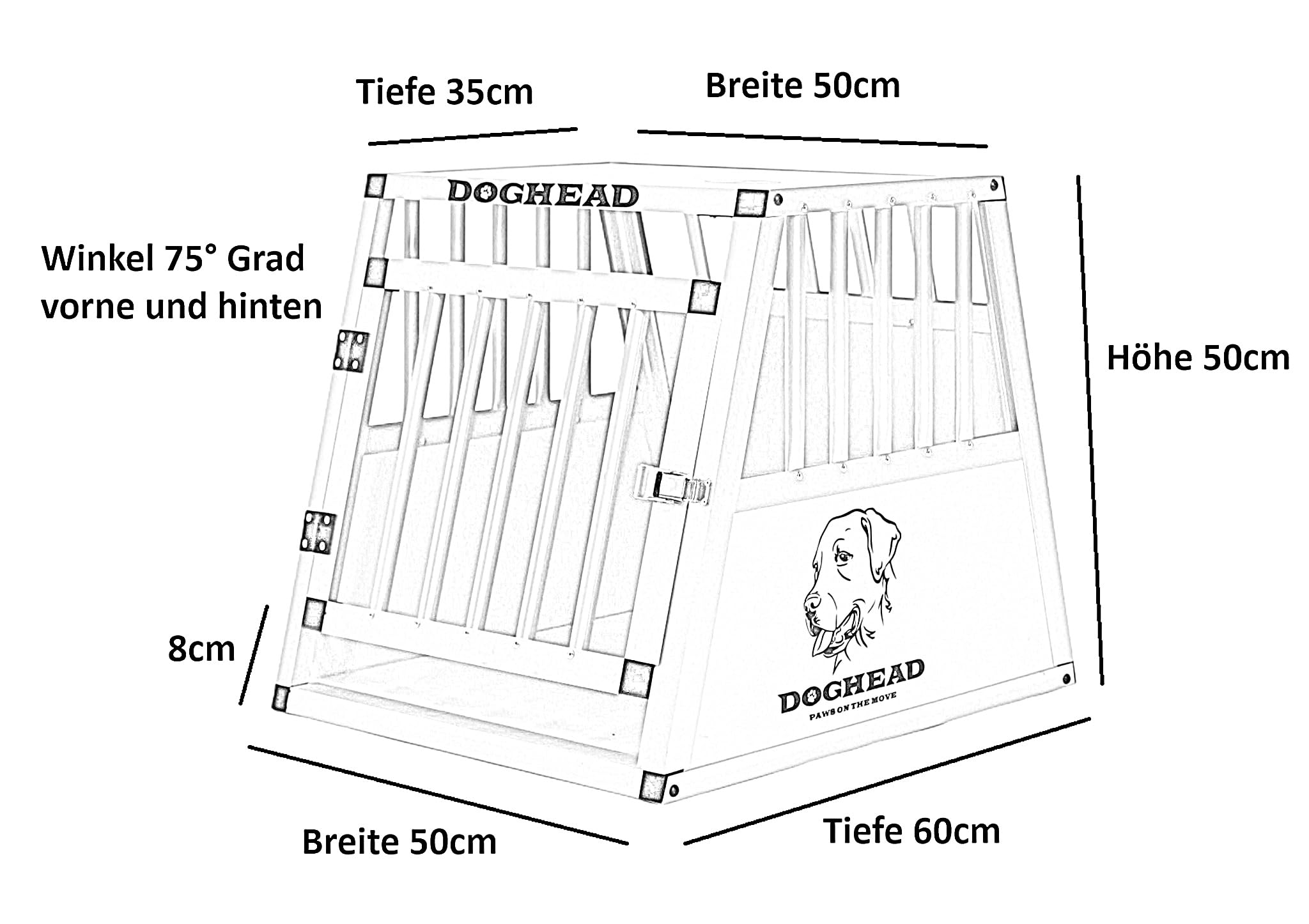 DOGHEAD Hundetransportbox Comfort, Single 50x60x50 cm, Grau/Silber, Aluminium, Beidseitig Abgeschrägt 75°