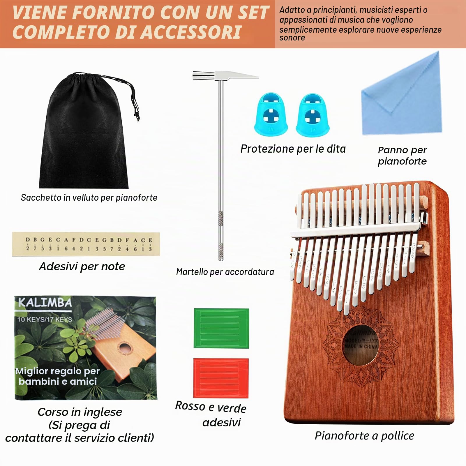 Kalimba 17 chiavi: Mini Kalimba portatile - Piano a pollice - Strumento musicale professionale con pacchetto di apprendimento per bambini e adulti