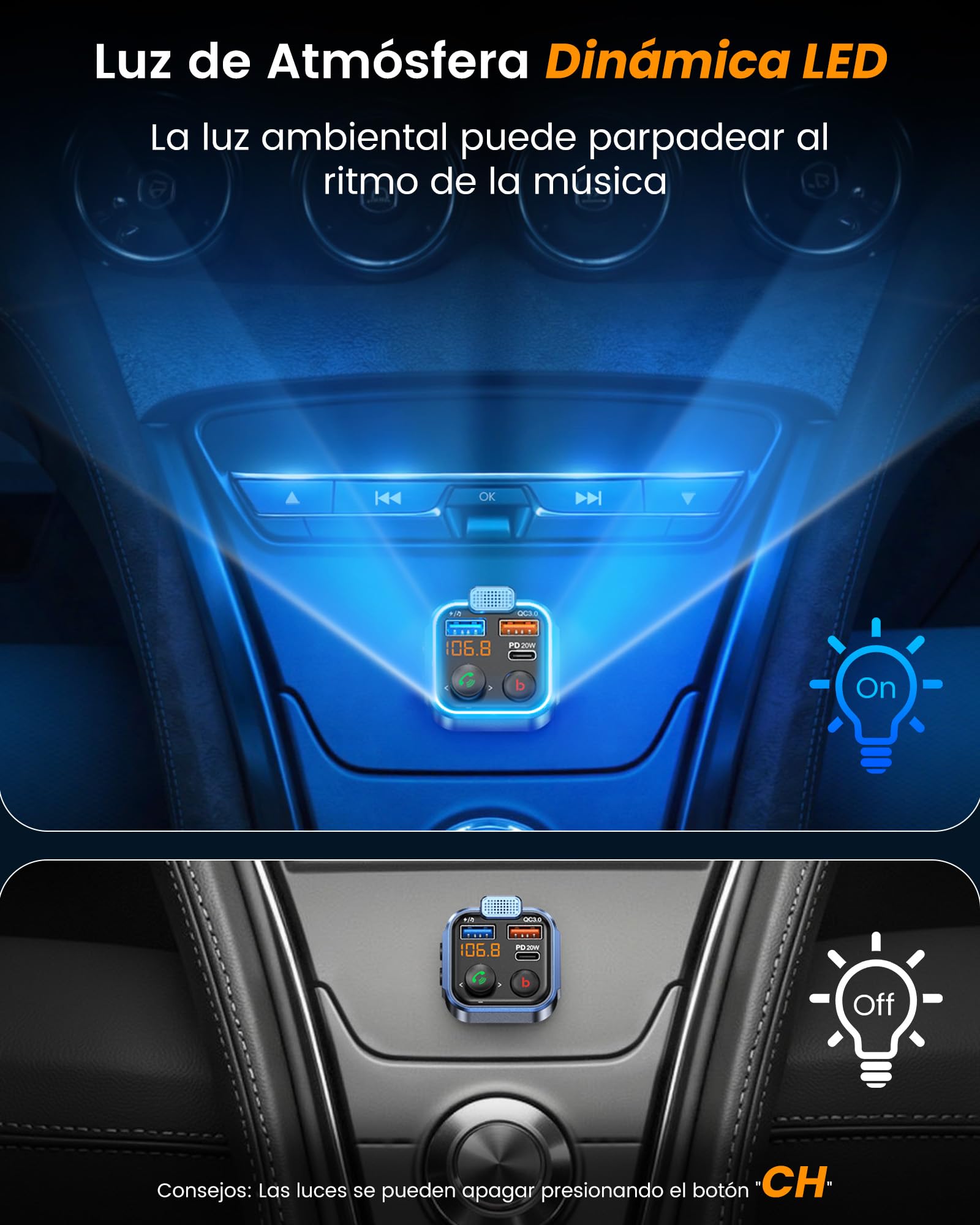 LENCENT Transmisor FM Bluetooth 5.3,Manos Libres Reproductor Música Coche, Deep Bass Sonido Hi-Fi, Adaptador Radio Bluetooth 2 USB+Tipo C 20W Carga Rápida, Soporte Memoria USB — view 6