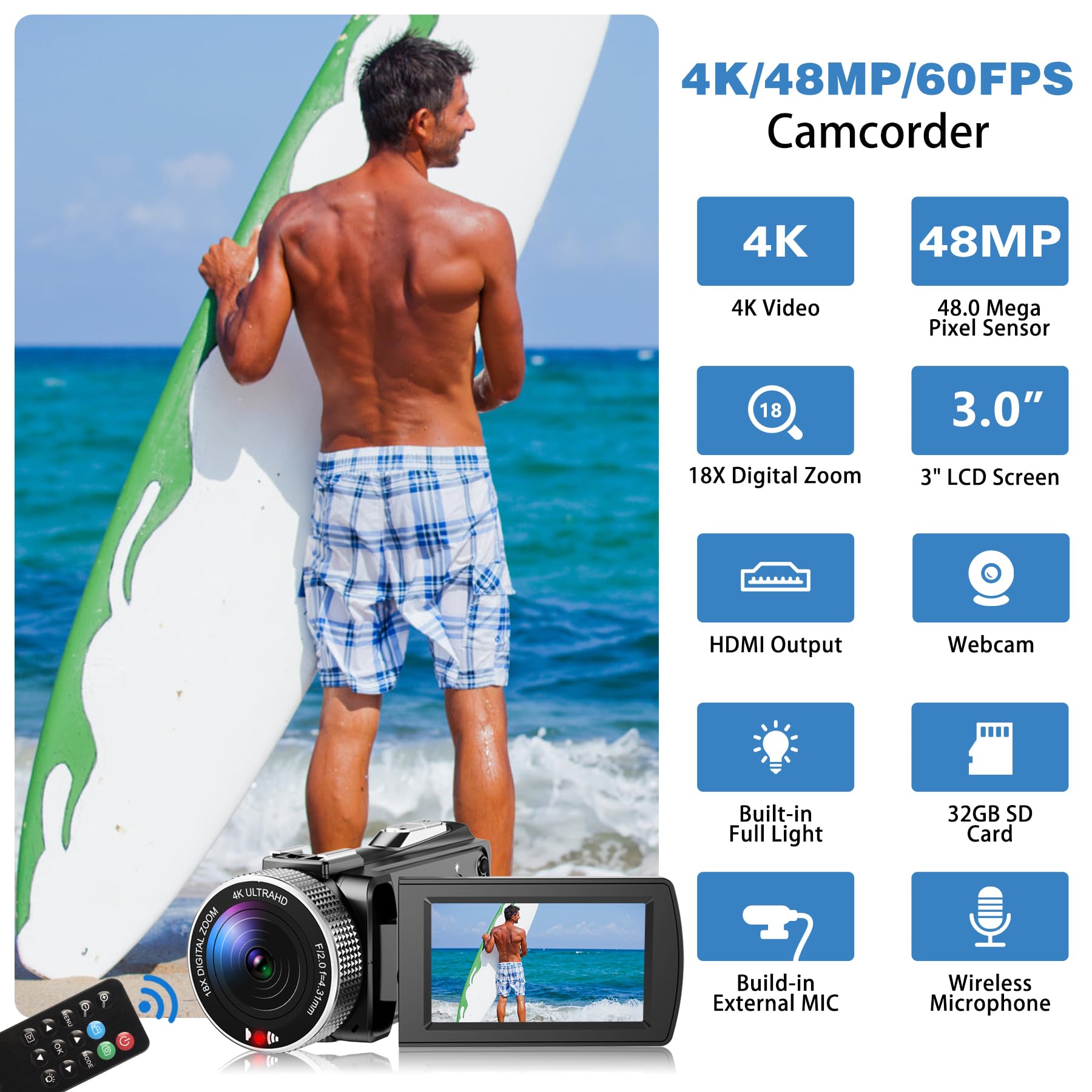Videocamera 4K, videocamera da 48 MP con 60 fps, zoom digitale 18x e schermo girevole a 270° da 3,0", ideale per YouTube e vlogging, include telecomando, 2 batterie e scheda SD