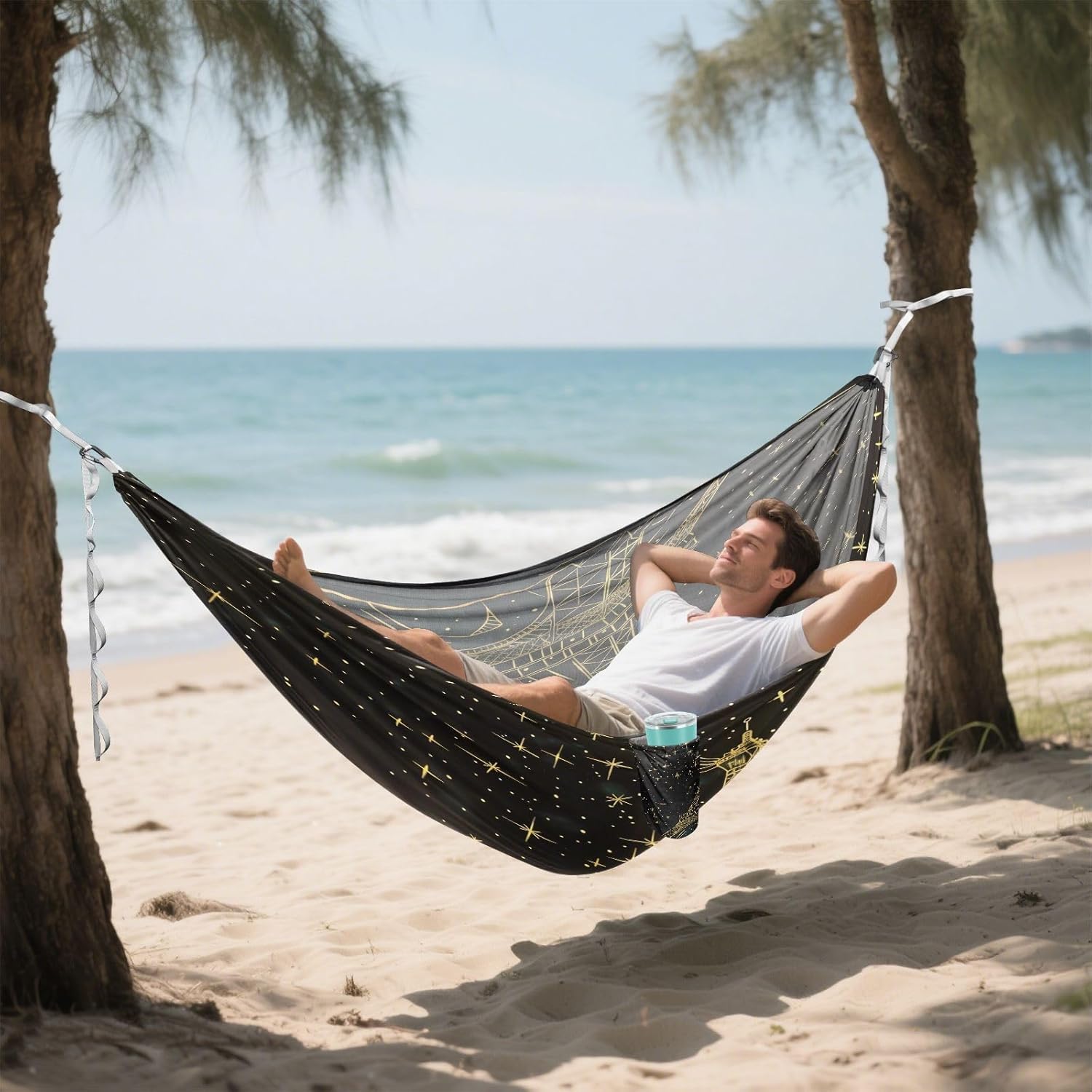 ALAZA Gold Eiffel Tower Starry Sky Camping Hammocks Single or 2 Person 500 lbs Portable Parachute Travel Hammock w/Tree Straps for Hiking Backpacking Indoor Outdoor