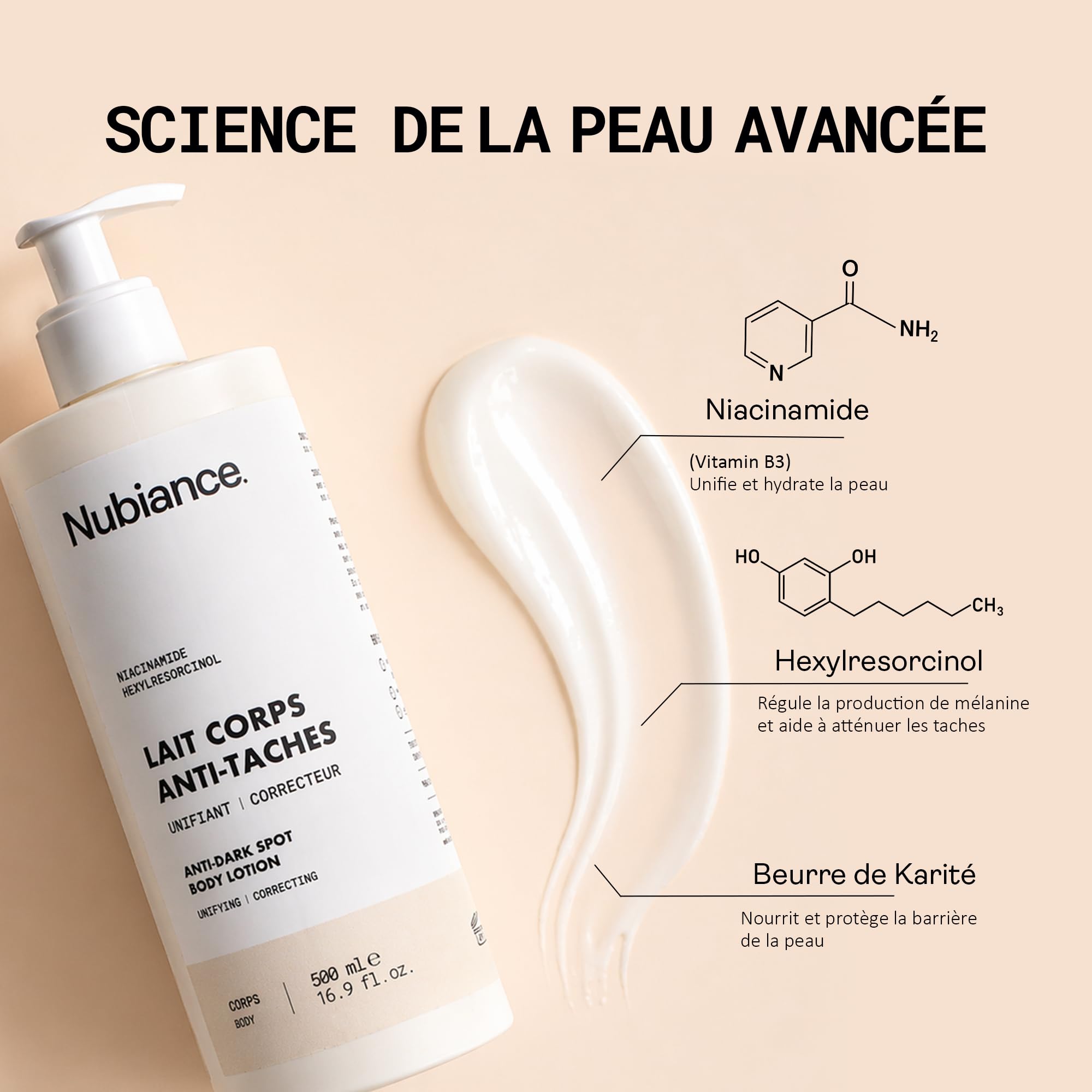 NUBIANCE Lait Corps Hydratant Éclaircissant Anti-Taches Karité 500 ml