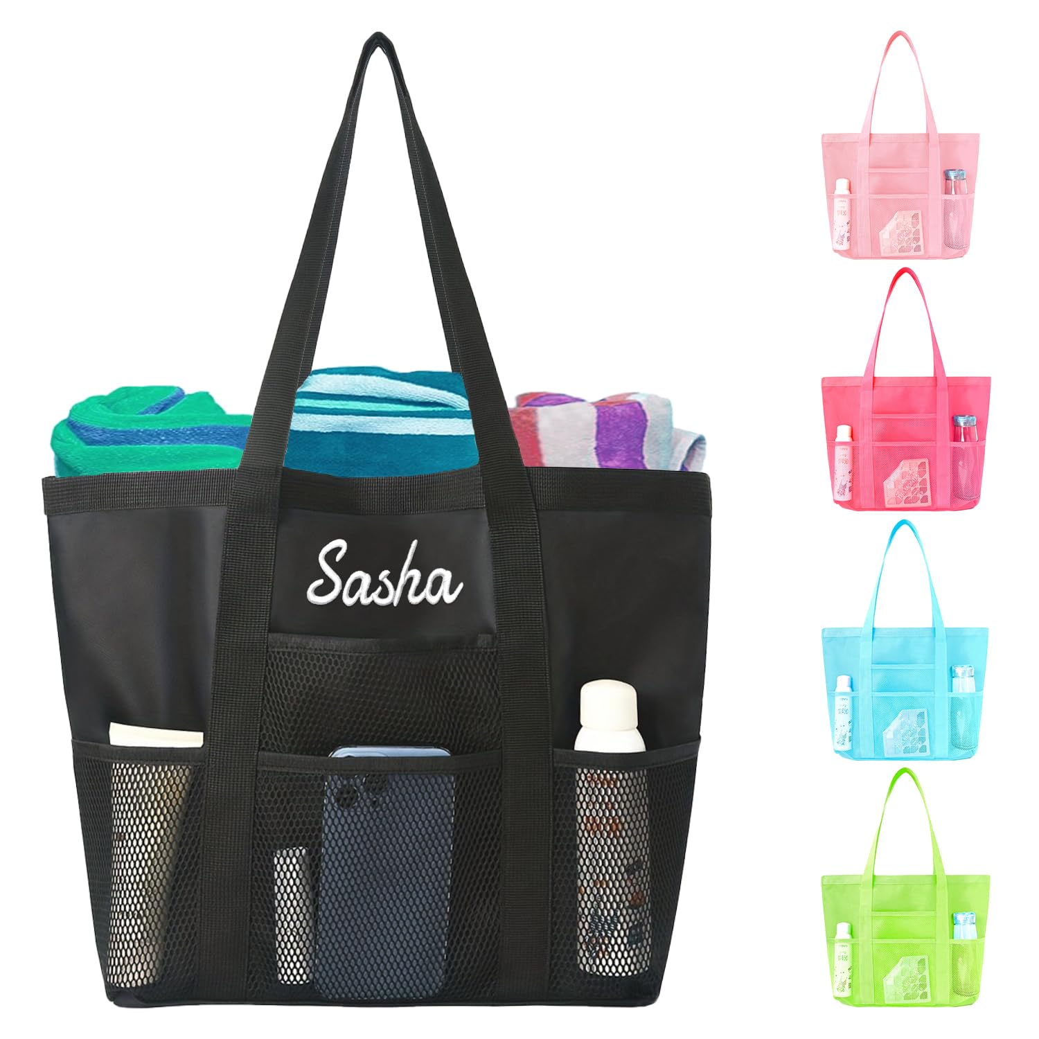 Ulico Personalized Beach Bag Embroidered Name，Custom Mesh Tote Bag for Women, Foldable Shoulder Bags for Swimming Pools