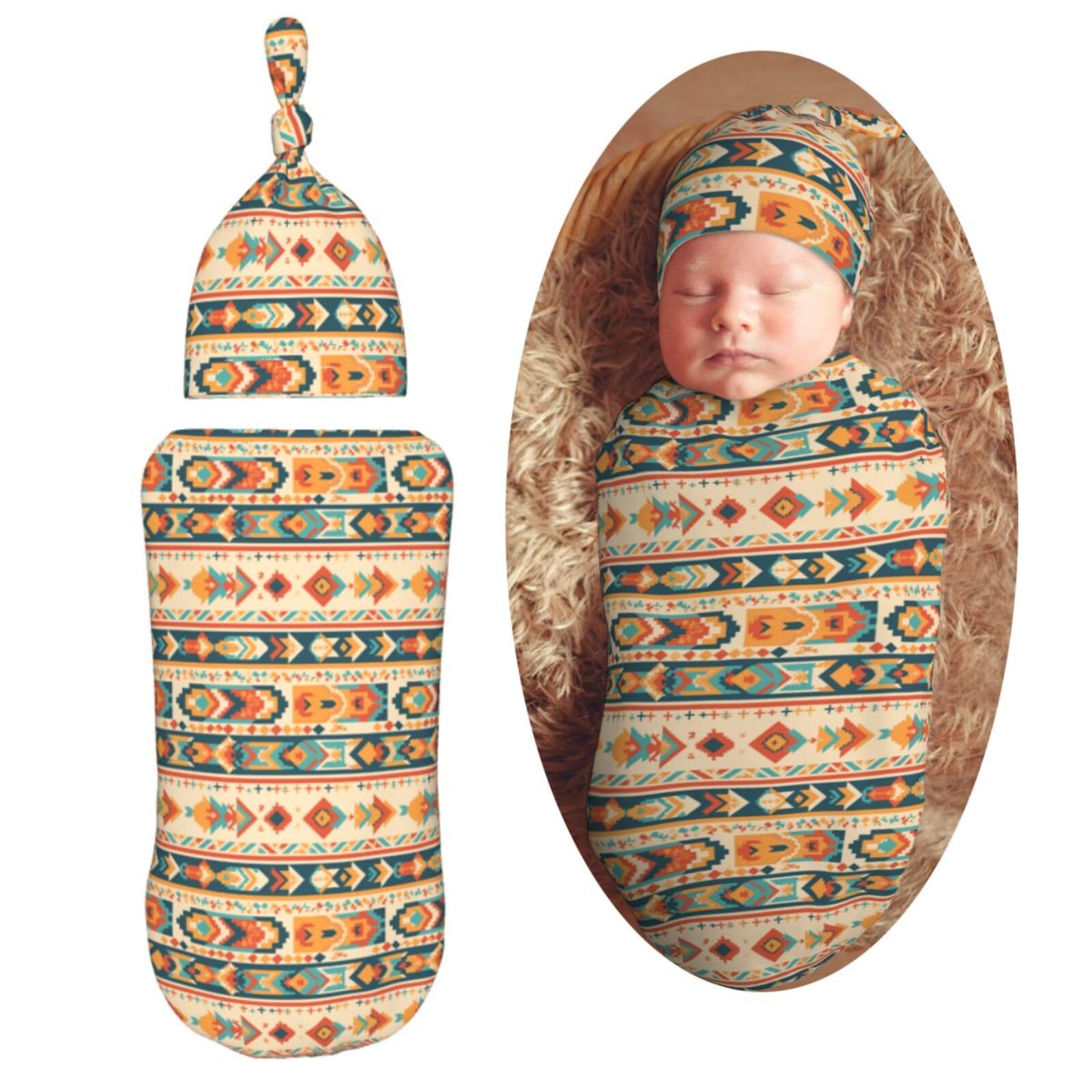 Vintage Aztec Style Pattern Newborn Swaddle Blankets Hat Sets Soft Baby Receiving Blanket Swaddle Sack for Baby Shower Infant Boy Girl Gift