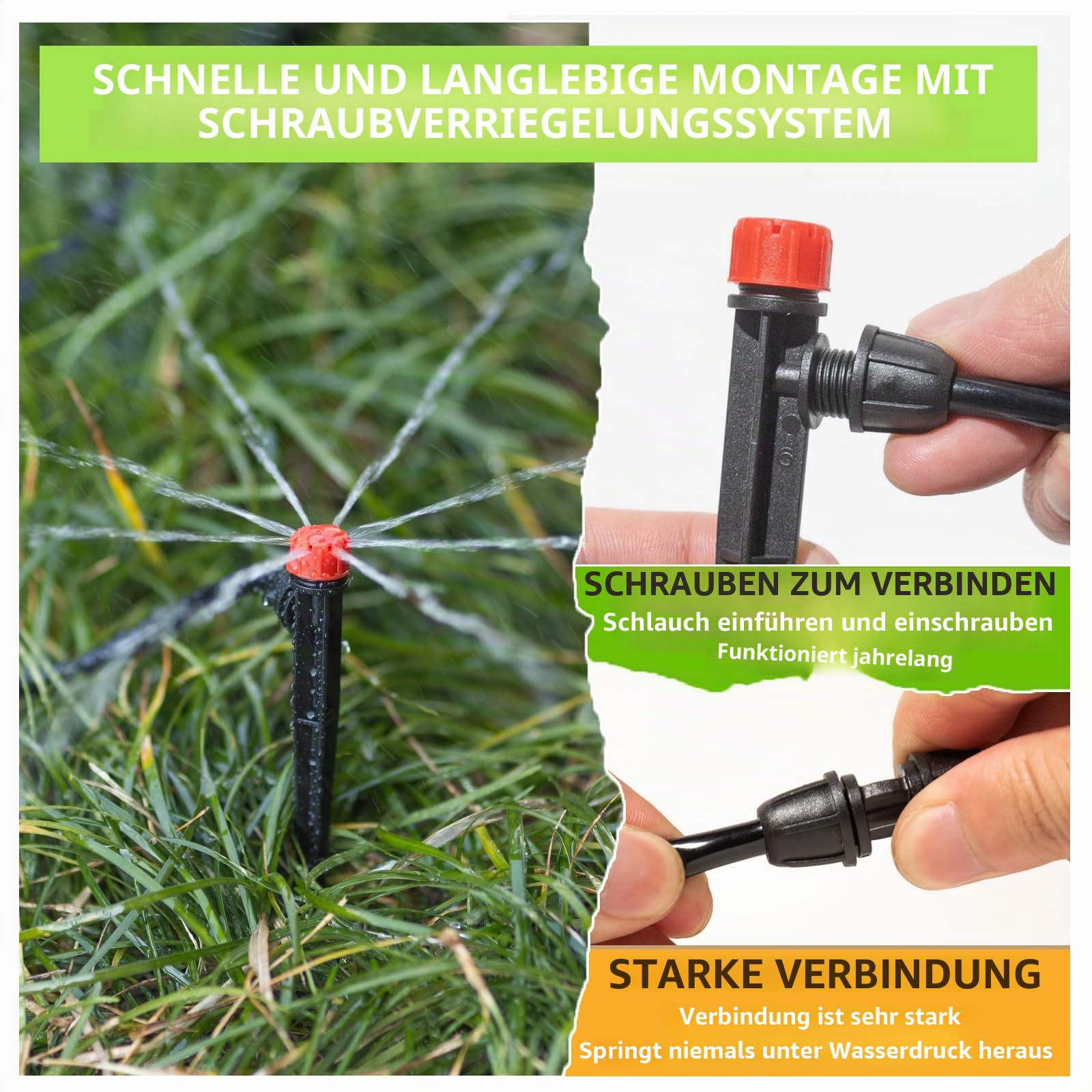 Tropfbewässerungssystem, automatische Bewässerungsausrüstung mit 17 Fuß 1/2 Zoll Schlauch, 100 Fuß 1/4 Zoll Schlauchsatz, Mikro-Tropfnebel, einstellbare Düse, Bewässerungssatz, verriegelbare Armaturen
