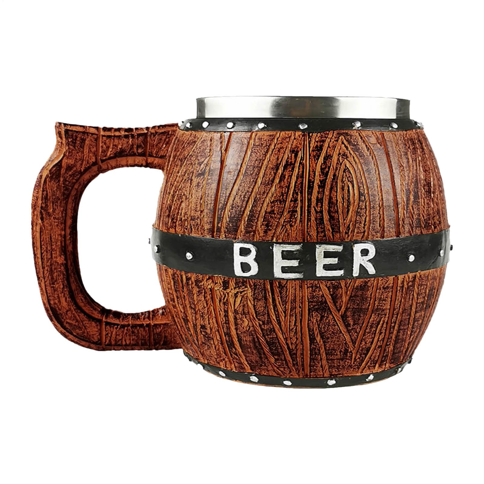 Stronrive Handmade Beer Mug Wood Stainless Steel Cup, Resin Simulation Wooden Barrel Double Layer Beer Stein Mug Beer Tankard Drinking Cup Drinkware for/Home/Bar 550ml