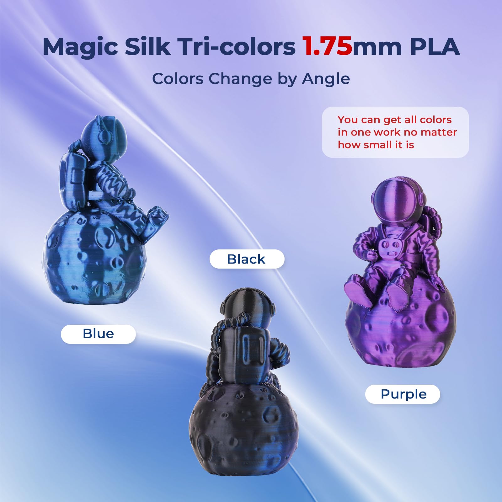AMOLEN Filamento de impresora 3D, filamento PLA de seda de viaje de 1,75 mm, filamento de coextrusión de impresión 3D negro, azul y morado, 1 kg