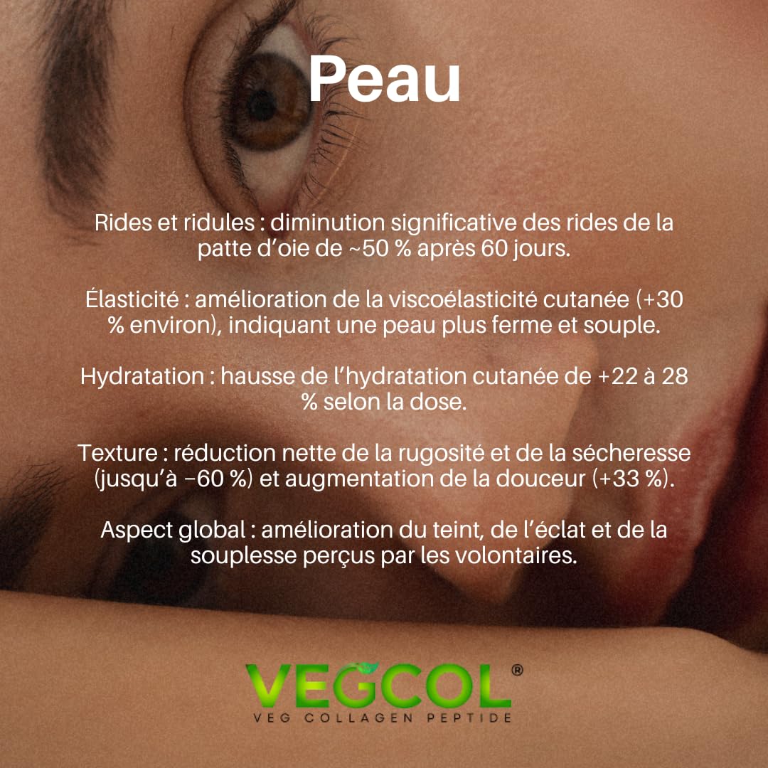 Colágeno vegano VEGCOL®, una alternativa al colágeno marino, para una piel hidratada, un cabello sedoso y articulaciones fuertes. Tratamiento de 50 días, 125 gramos, colágeno hidrolizado tipos 1 y 3