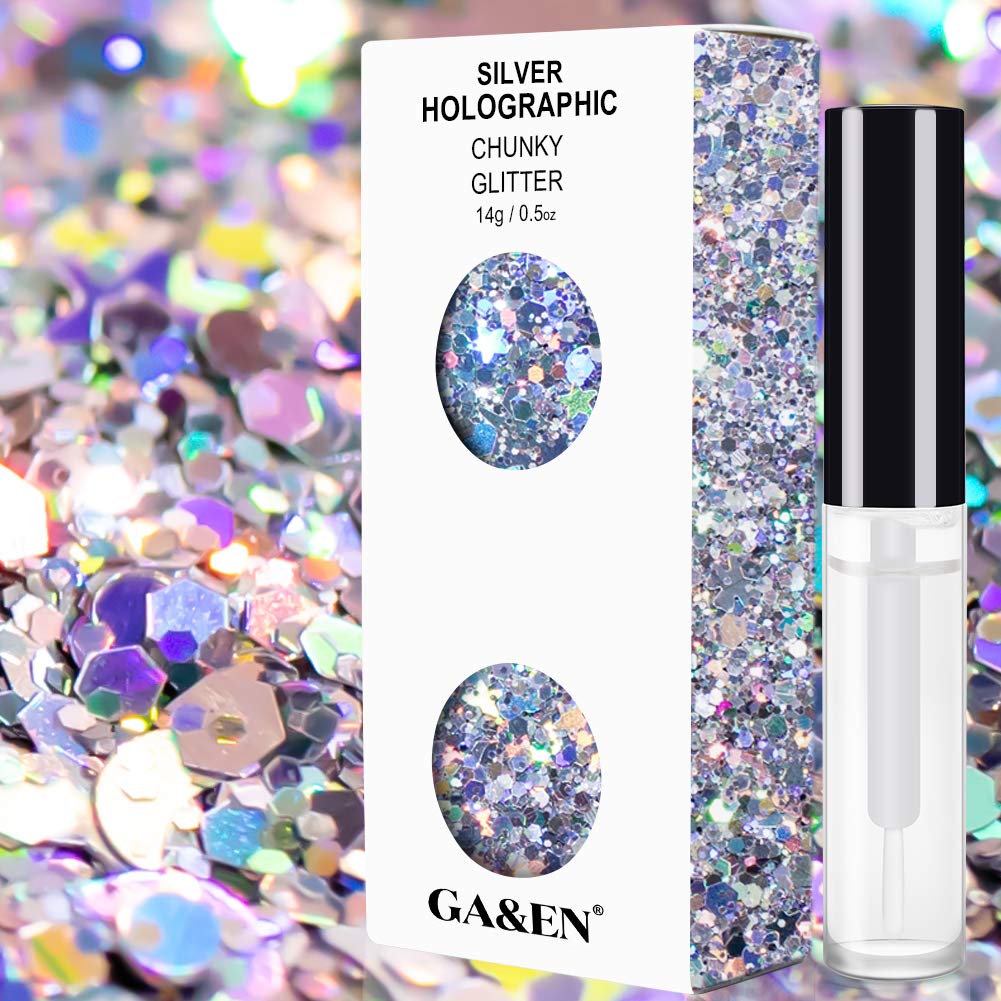 Silver Holographic Chunky Cosmetic Glitter Body Hair Face Eye Nail for Festival Carnival Concert Party Beauty Rave Accessories Different Sizes&Shapes ✮14g + Quick Dry Primer Glue Gel(5ml) : Beauty & Personal Care