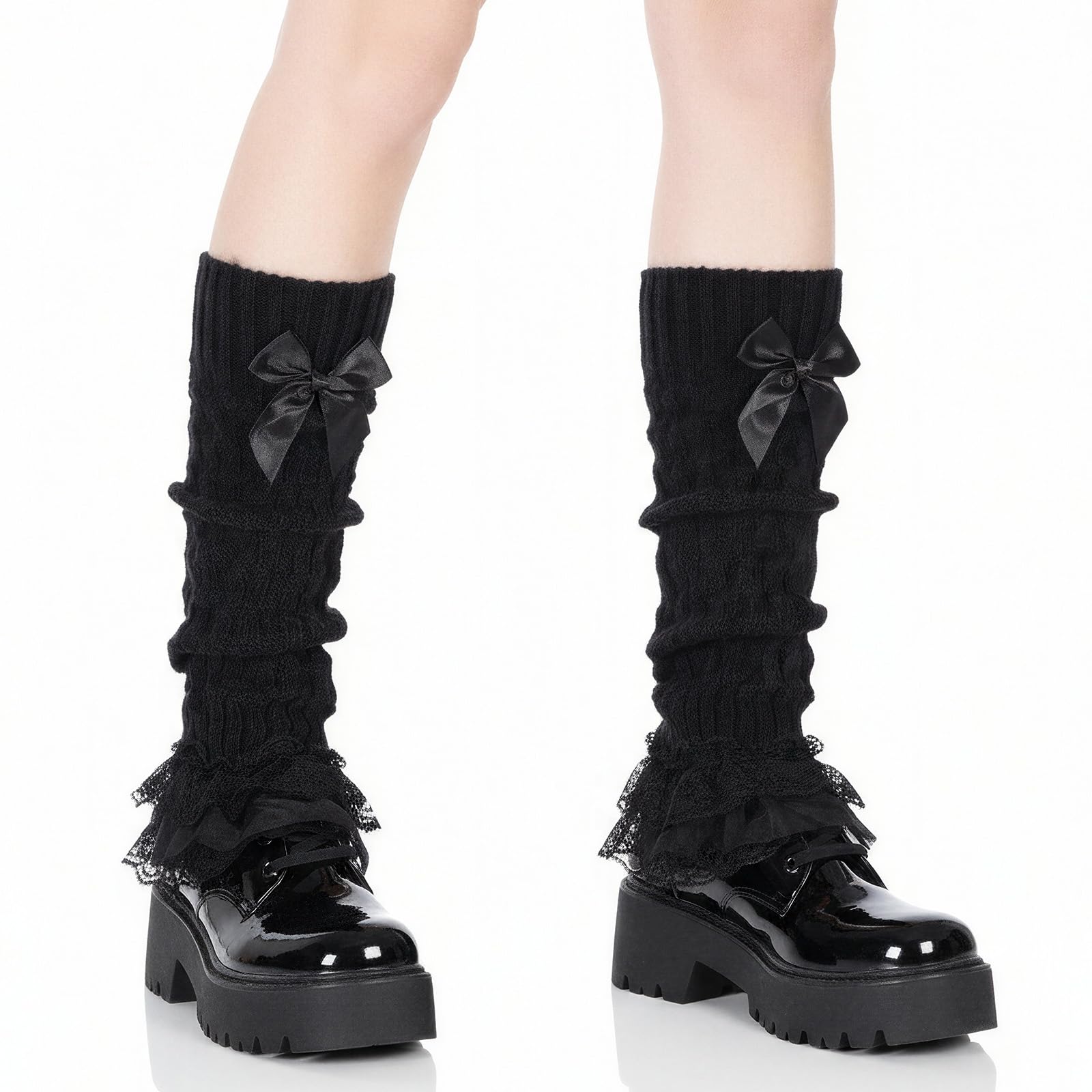 Womens 1 Pair Black Lace Leg Warmers Fashion Knit Bow Lace Trim Loose High Socks Polyester Flared Leg