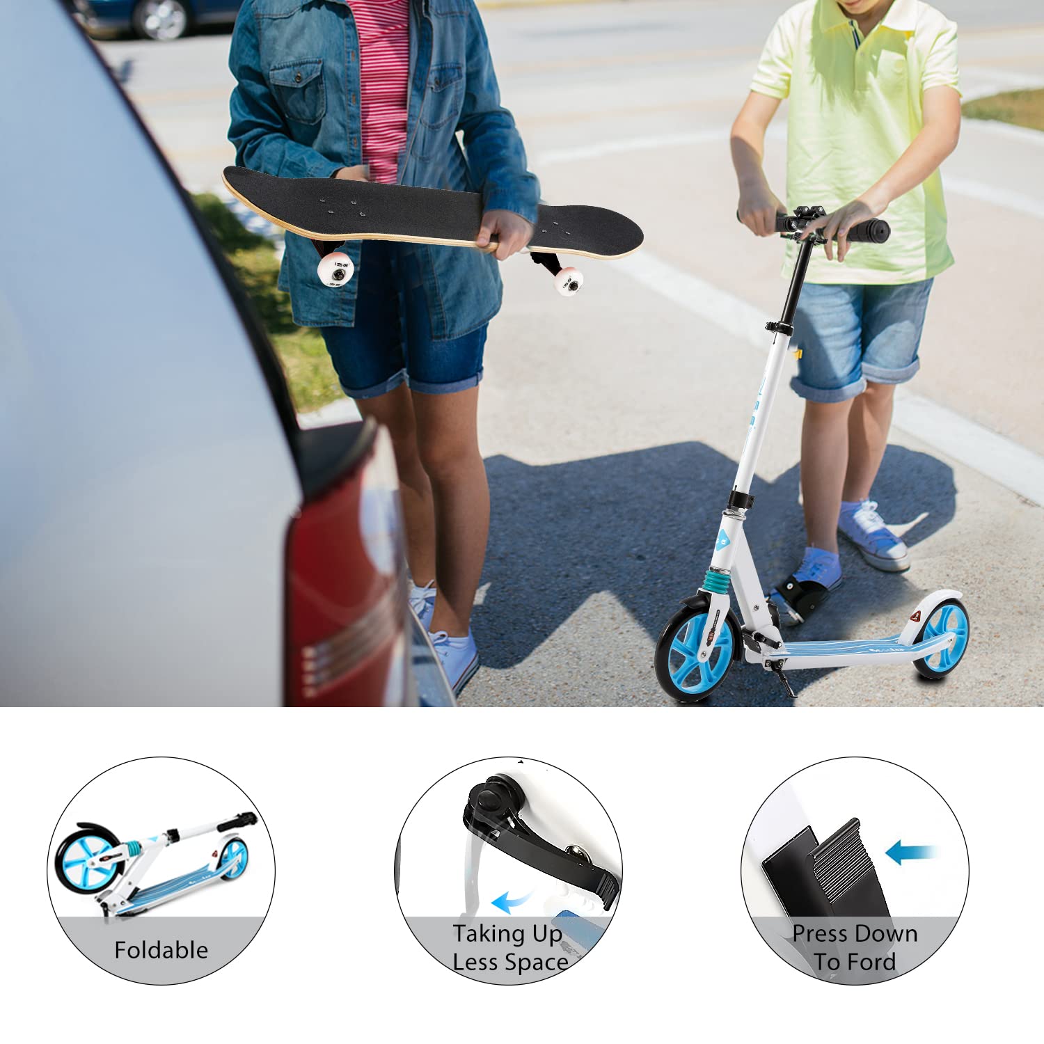 ISE Trottinette Pliable Adulte/Enfant - Roues 200mm PU, ABEC 9, Hauteur Réglable 90-105 Cm, Amortisseurs, Charge 100 Kg - SY-AS003