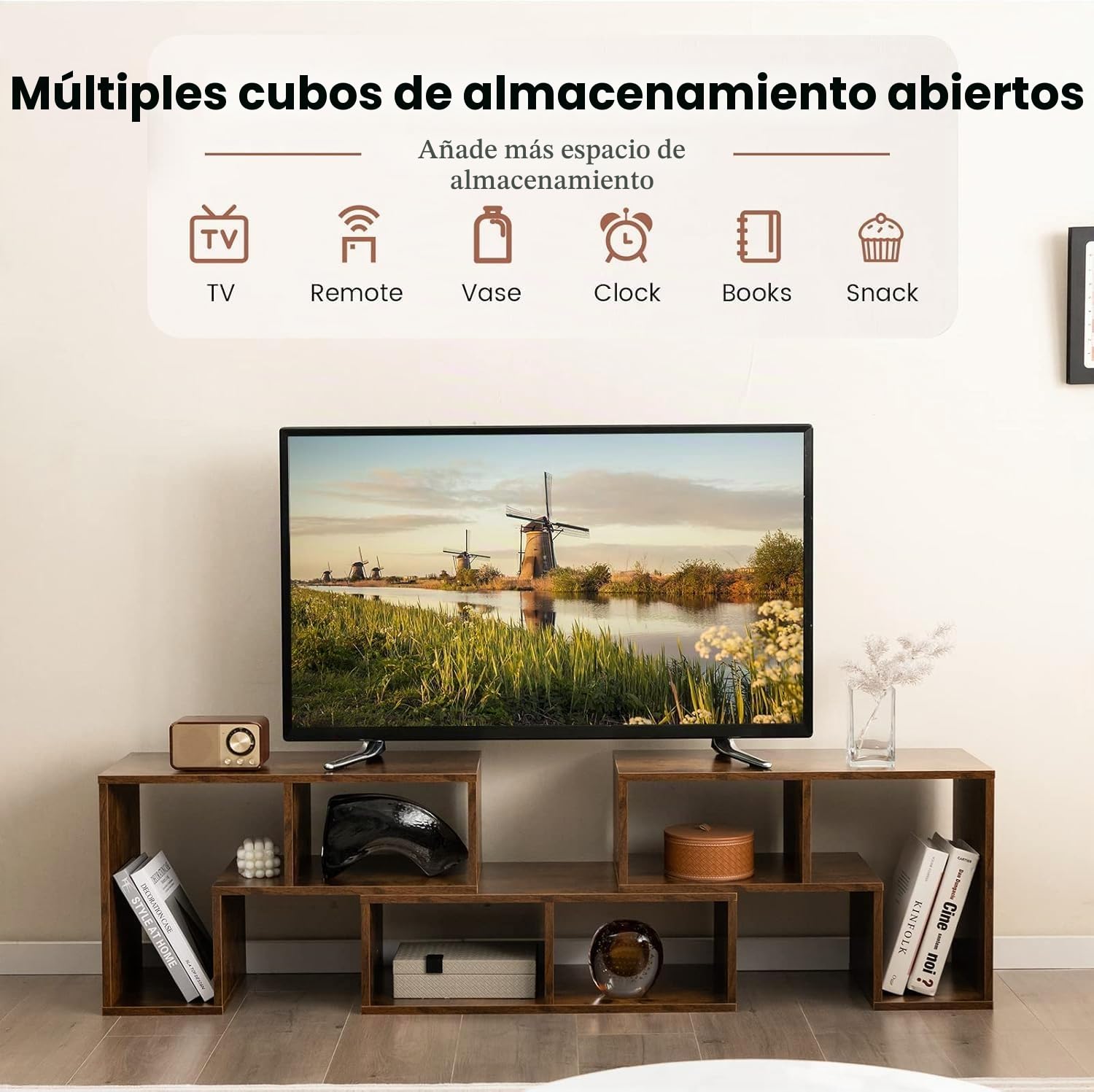 GIANTEX Mueble de TV Combinado Libre con Estantes Abiertos, para TV hasta 65 Pulgadas, Soporte de TV Multifuncional de Madera, para Salón, Dormitorio, 134-180x30x43 cm (Marrón, 3 Piezas)