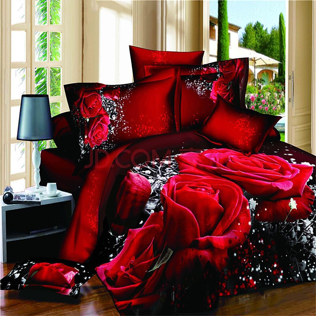 4Pcs Set Bedding King Size Duvet Cover Set 3D Oil Painting Red Rose Bedding Set Floral Printed Bedclothes Home Textiles Queen Quilt Cover Bed Sheet 2 Pillowcases (Size:200 x 230 cm)