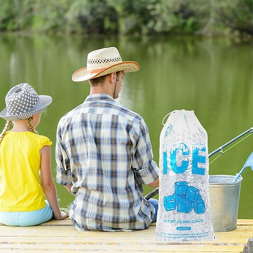 Vista 32 de Paquete de 100 bolsas de hielo de plástico con cordón de 20 libras, bolsas de hielo resistentes de 14 x 28 pulgadas con cuerda de plástico
