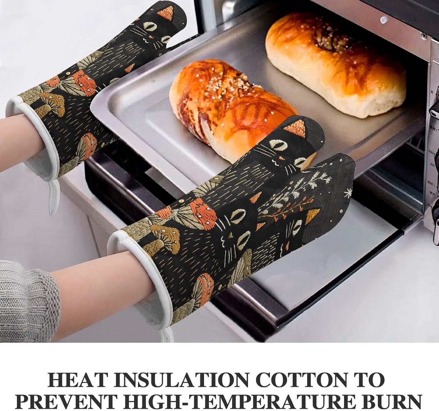 2 Pcs Oven Mitts Heat Resistant Kitchen Gloves Soft Safety Cats and Mushrooms Oven Glove for Microwave, Barbecue