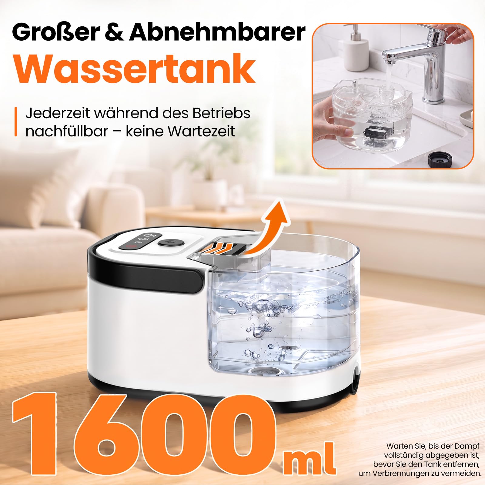 3-Stufig Dampfreiniger Handgerät,20 Sekunden Aufheizzeit und 1,6L Abnehmbarer Großer Tank, 2500W Hochleistungs-Dampfreiniger für Boden, Küche, Fenster, Bad, Auto, Ölentfernung