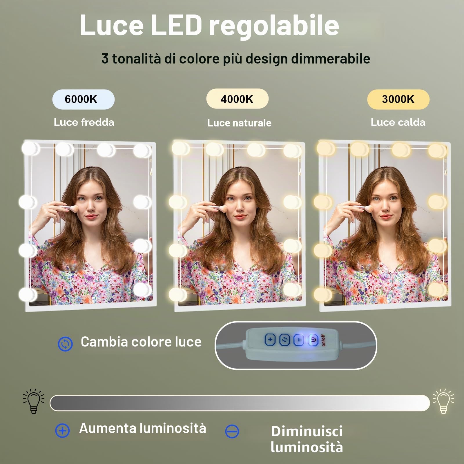 Tavolo da toeletta con illuminazione a LED, tavolo da toeletta con specchio per trucco, tavolo cosmetico con specchio, 3 colori con luminosità regolabile - M39