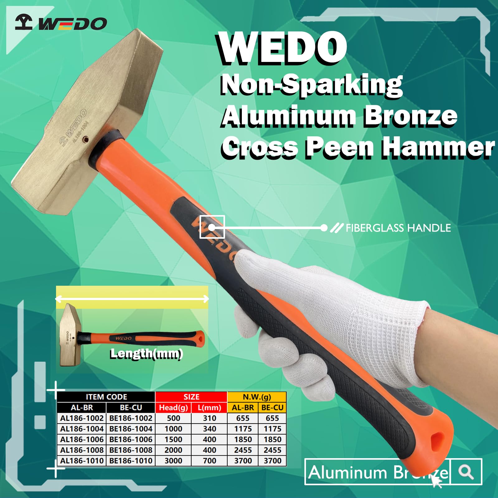 WEDO Non-Sparking Cross Peen Hammer 2.2lb/1000g,Engineers'Hammer,construction hammer,Length 340mm,Blacksmith Hammer,Fiberglass Handle,Aluminum Bronze,DIN Standard, BAM & FM Certificate