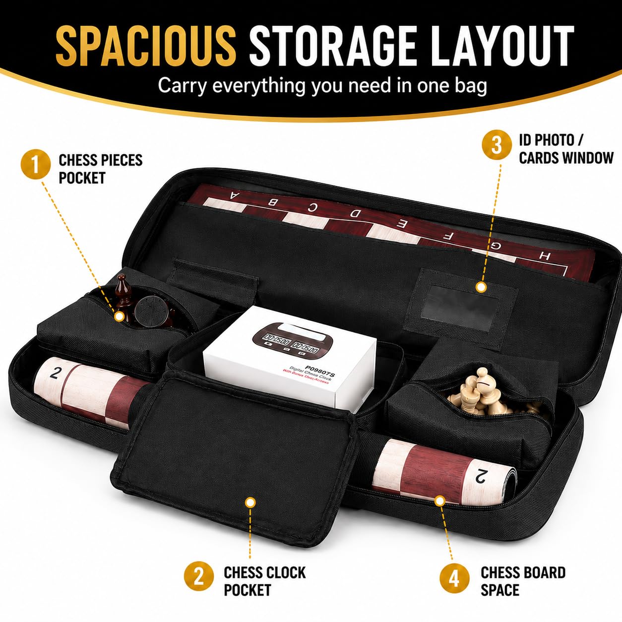 LEAP Sac d'échecs uniquement pour jeux d'échecs, sac de transport pratique avec quatre parties de rangement pour échiquier enroulable, pièces d'échecs, horloge d'échecs, en remplacement des jeux