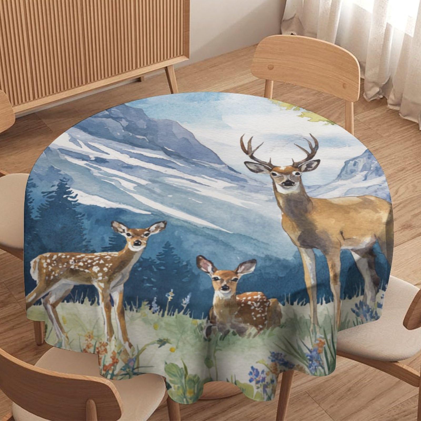 LUYYSKY Beautiful Colorful Wildlife Deer Waterproof Round Tablecloth Classic Watercolor Spring Mountains Plants Floral Animals Elk Pattern Washable Table Cover for Kitchen-91.4" Wx91.4 L cm