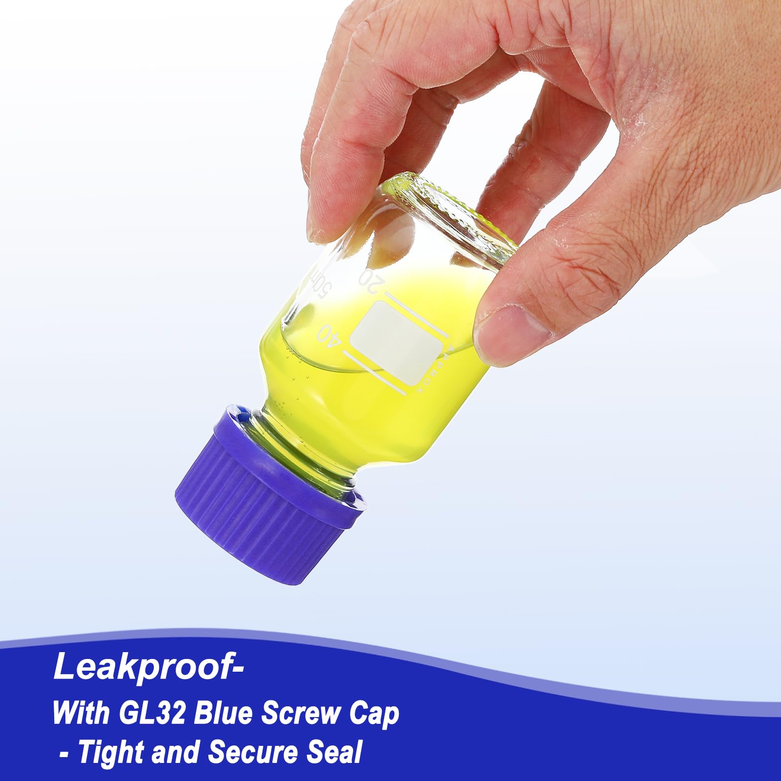 PATIKIL 8 Pack Reagenz Medien Lagerung Flaschen 50ml Borosilikat Glas Graduiert Rund Flaschen mit GL32 Blau Schraubkappe für Labor Wasser Reagenz Flüssigkeiten Klar