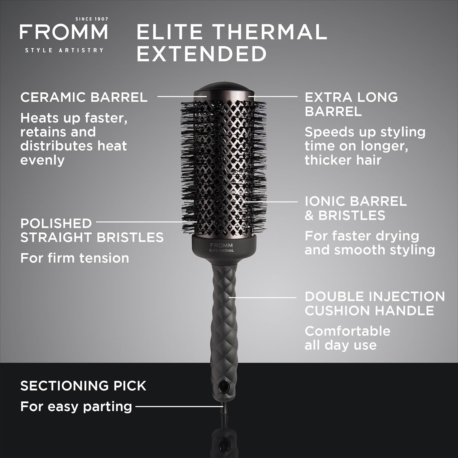 Fromm Elite Thermal Ceramic x Ionic 2" Round Brush for Expert Blowouts and Faster Hair Drying | Extended Barrel for Styling, Smoothing, Straightening Longer Thicker Hair